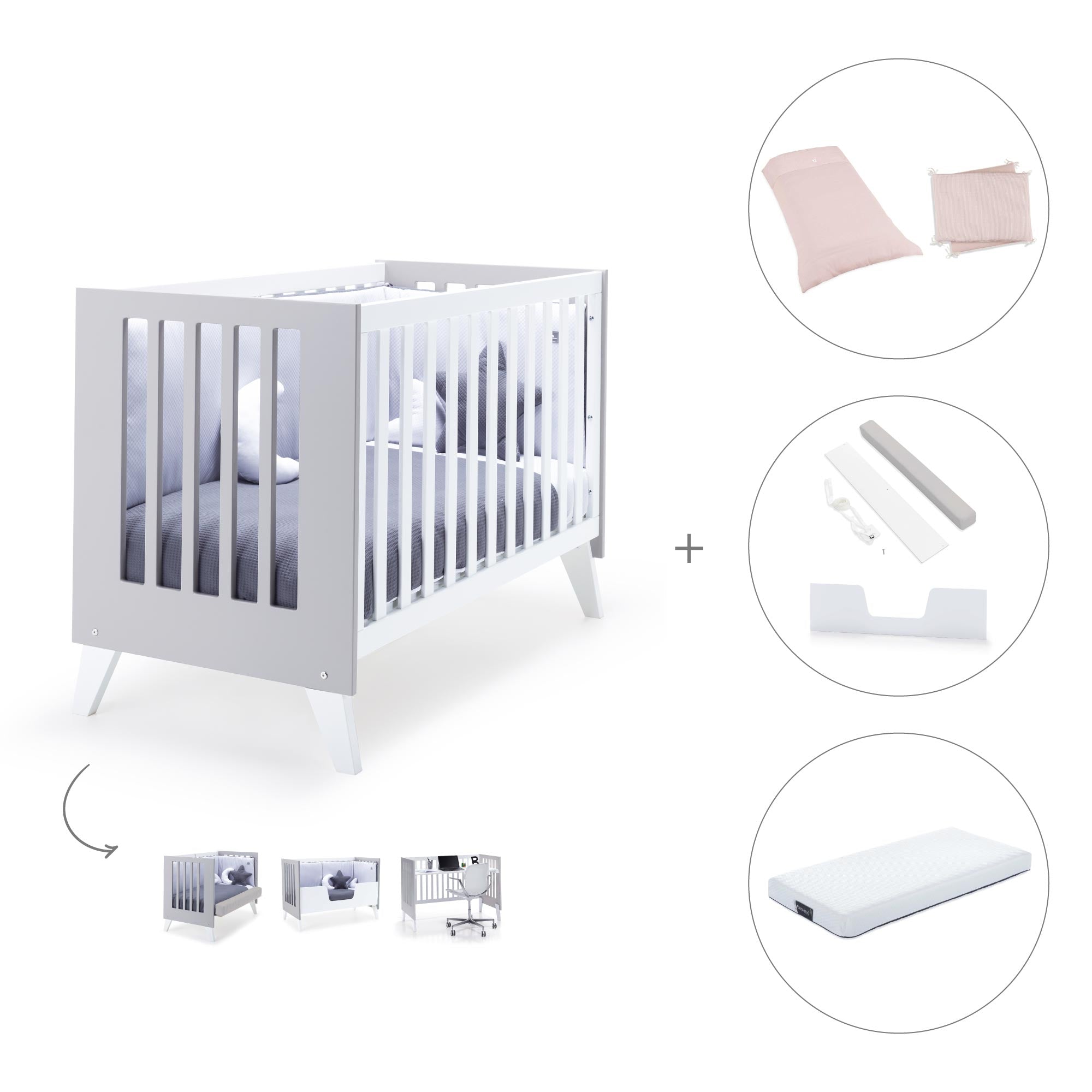 Cuna colecho 60x120 cm (4en1) blanco/gris · Nexo Due Grey C187D-M7778