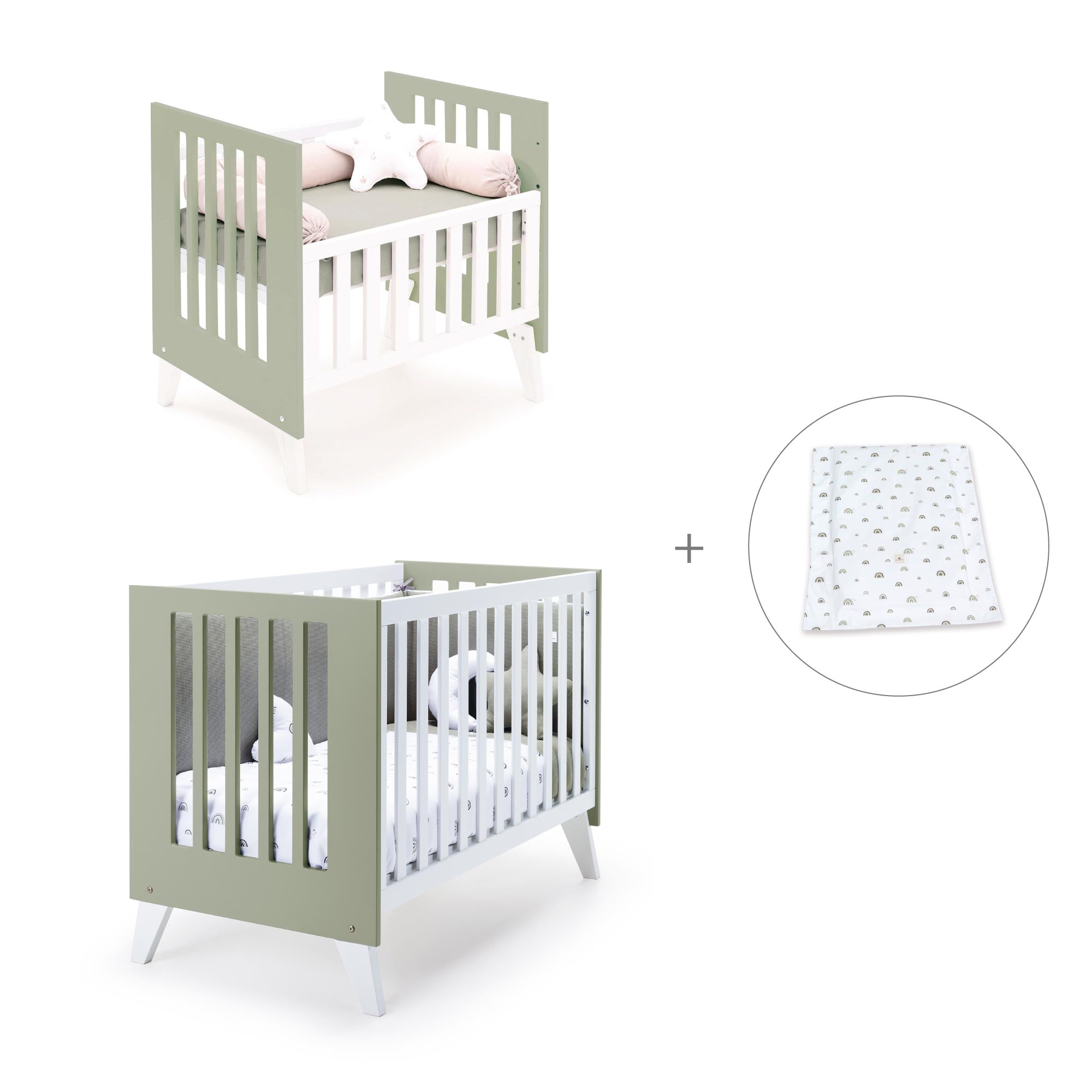Minicuna y cuna todo en uno (7en1) blanca/verde-oliva · Nexo Tre Erba C187T-M7756