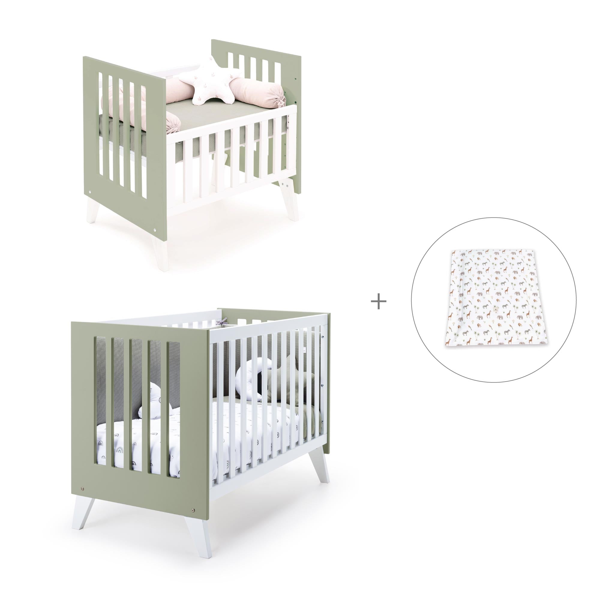 Minicuna y cuna todo en uno (7en1) blanca/verde-oliva · Nexo Tre Erba C187T-M7756