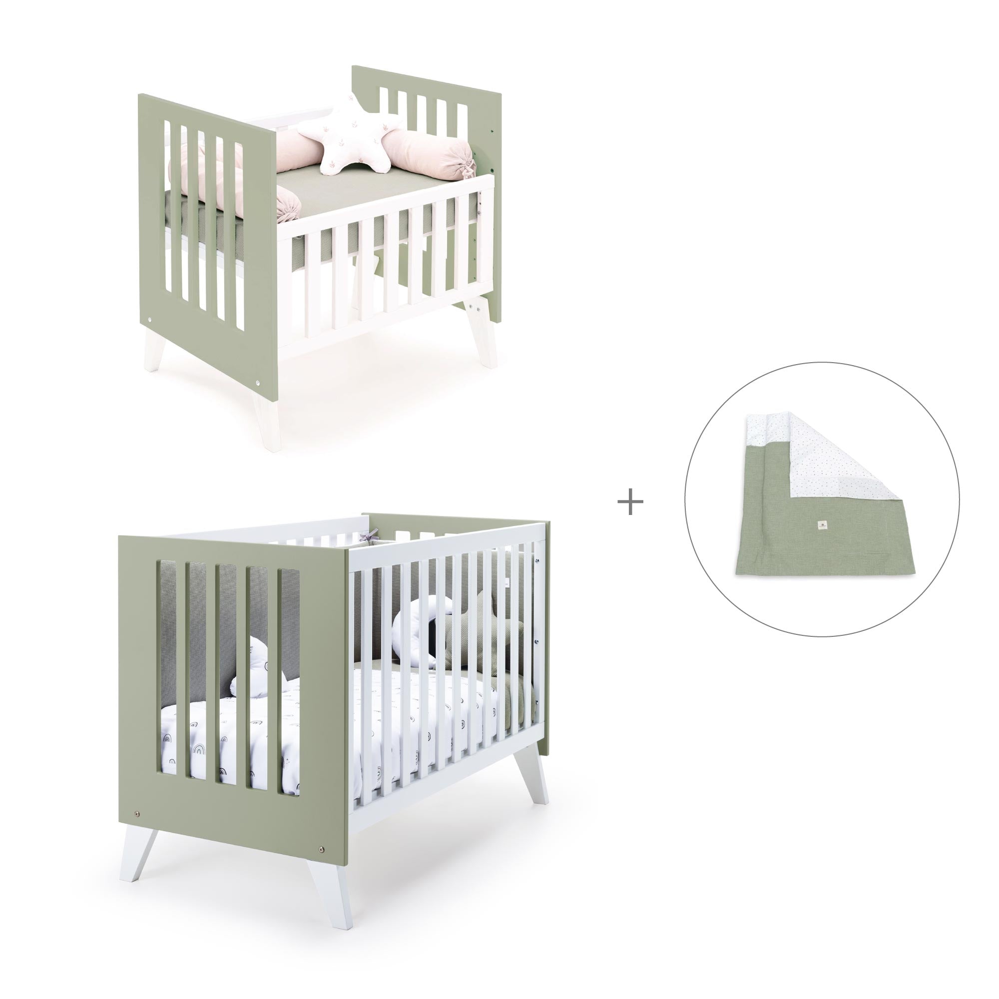 Minicuna y cuna todo en uno (7en1) blanca/verde-oliva · Nexo Tre Erba C187T-M7756