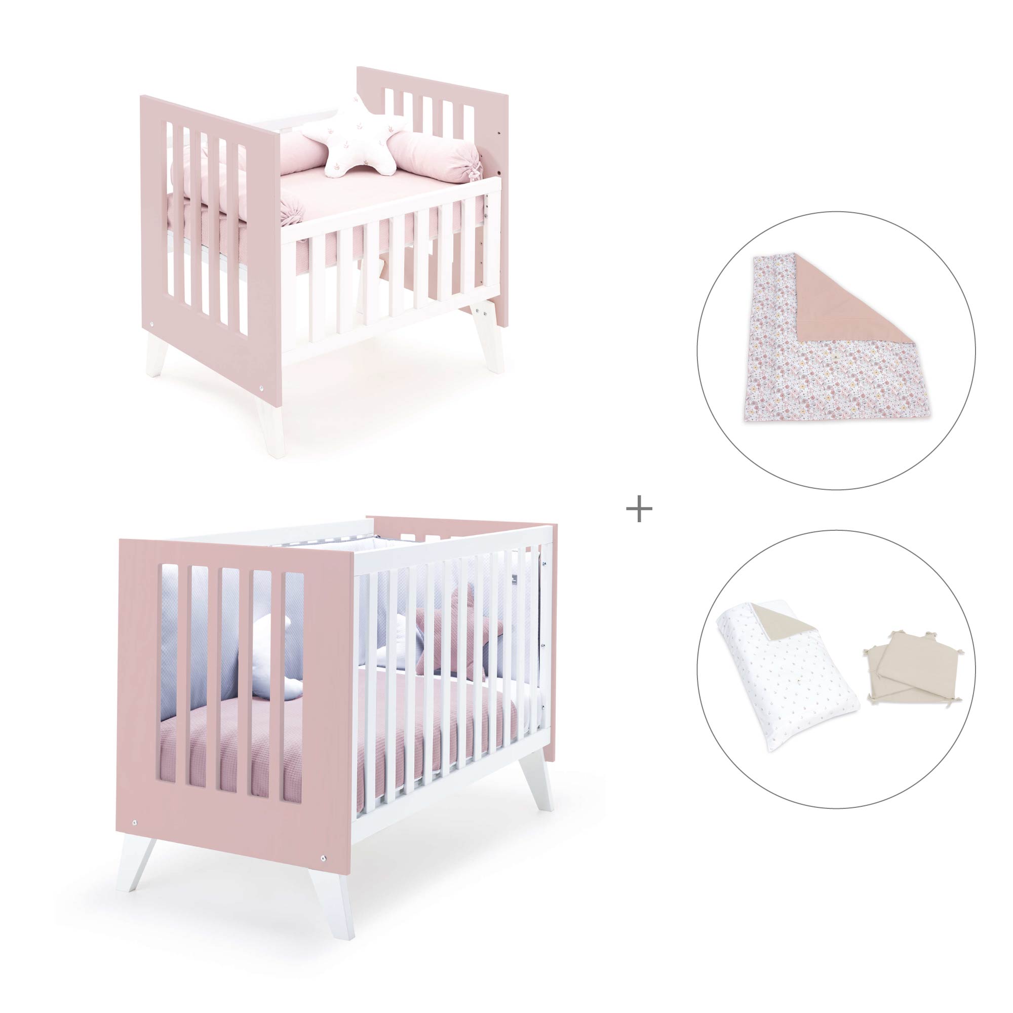 Minicuna y cuna todo en uno (7en1) blanca/rosa claro · Nexo Tre Flamingo C187T-M7742