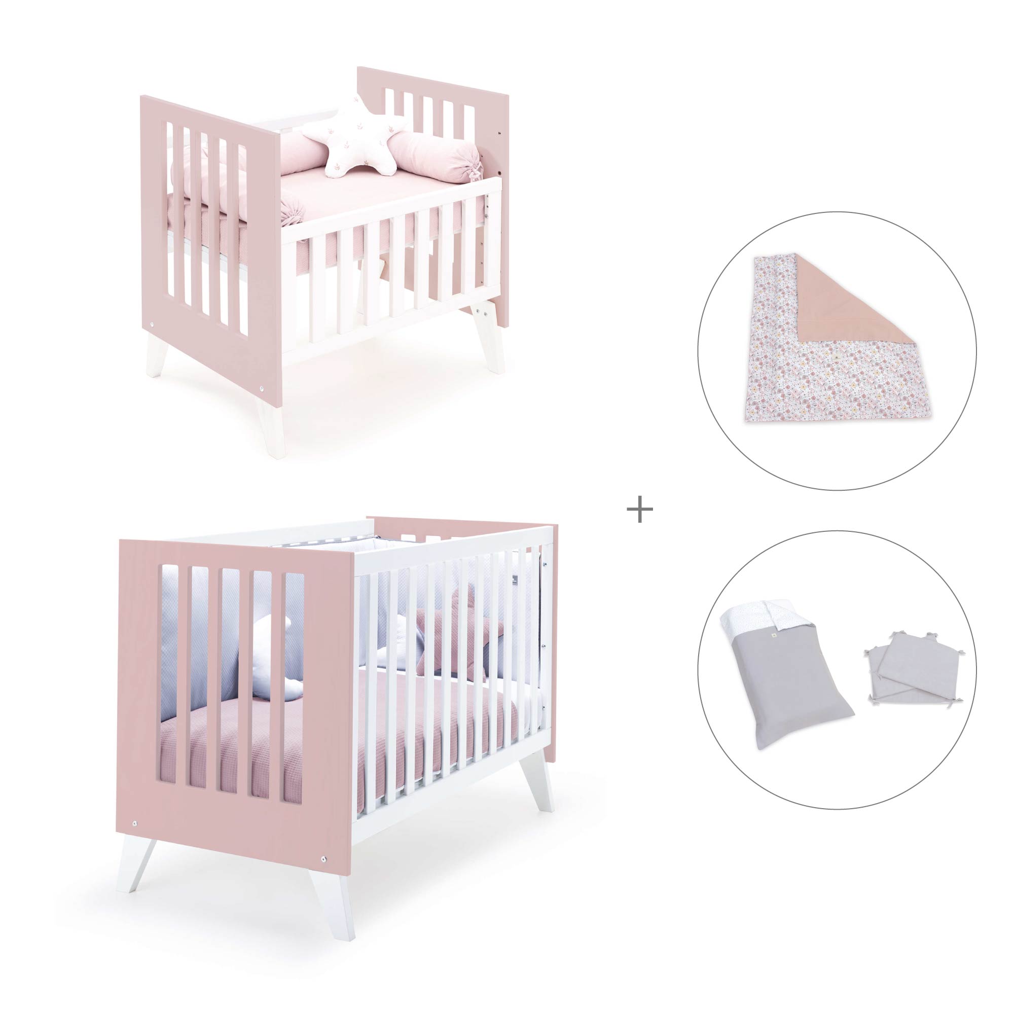 Minicuna y cuna todo en uno (7en1) blanca/rosa claro · Nexo Tre Flamingo C187T-M7742