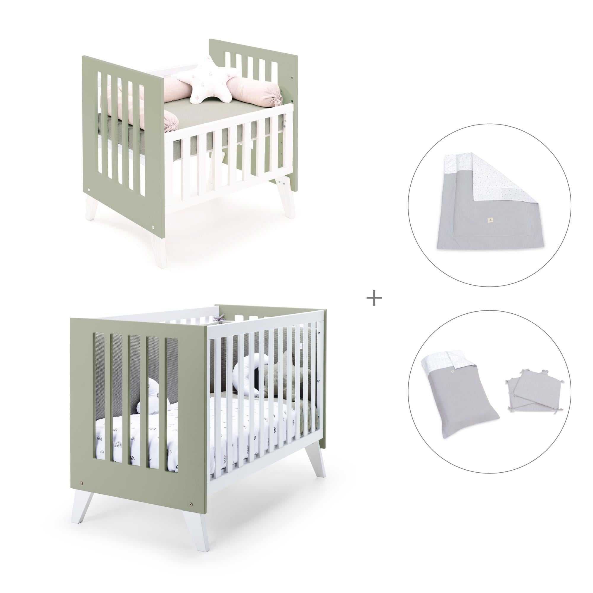 Minicuna y cuna todo en uno (7en1) blanca/verde-oliva · Nexo Tre Erba C187T-M7756