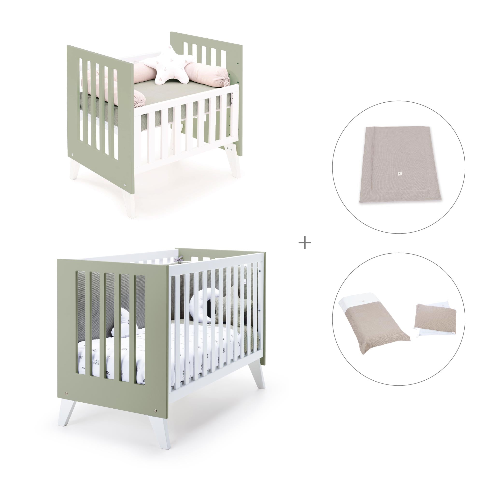 Minicuna y cuna todo en uno (7en1) blanca/verde-oliva · Nexo Tre Erba C187T-M7756
