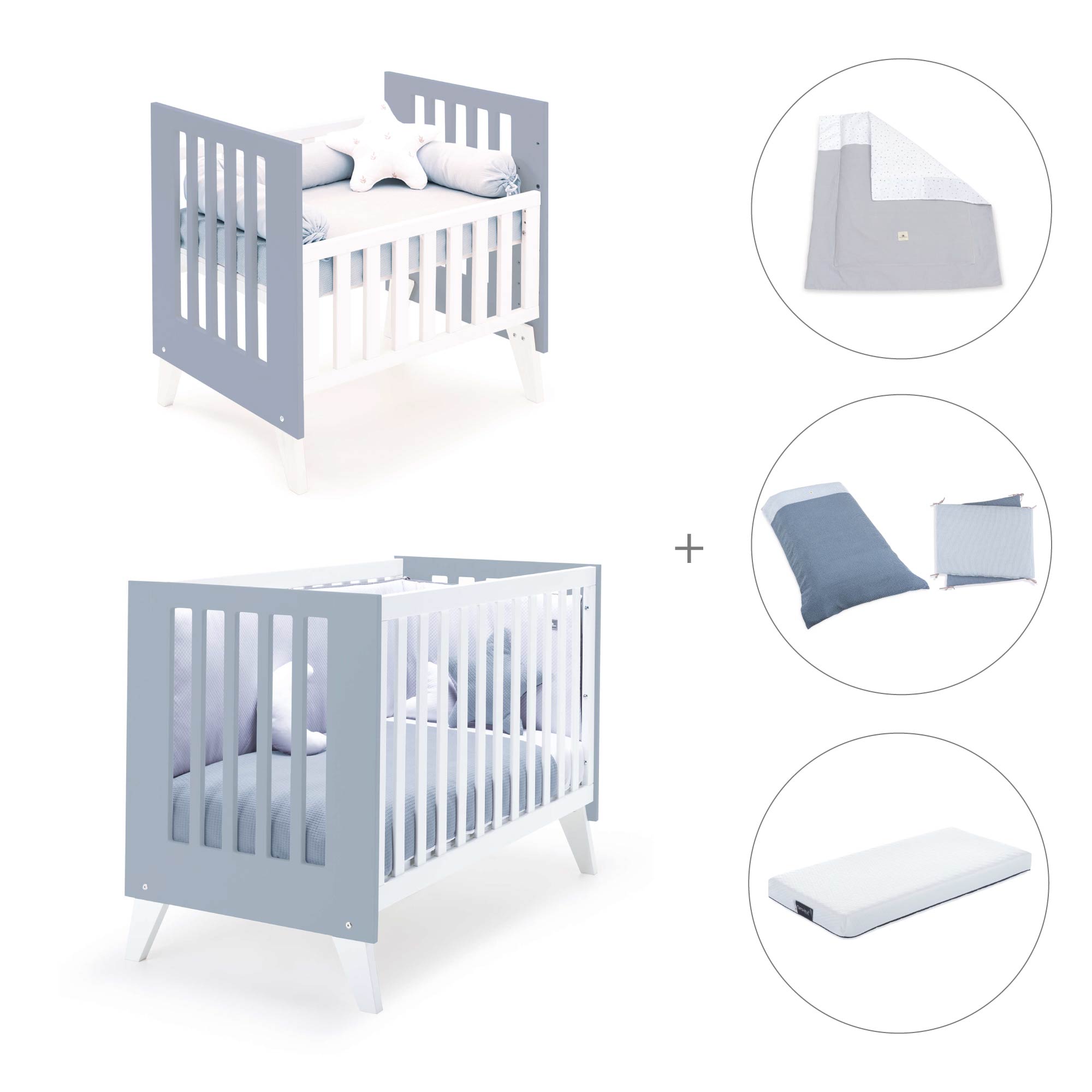 Minicuna y cuna todo en uno (7en1) blanca/azul · Nexo Tre Blu denim C187T-M7741