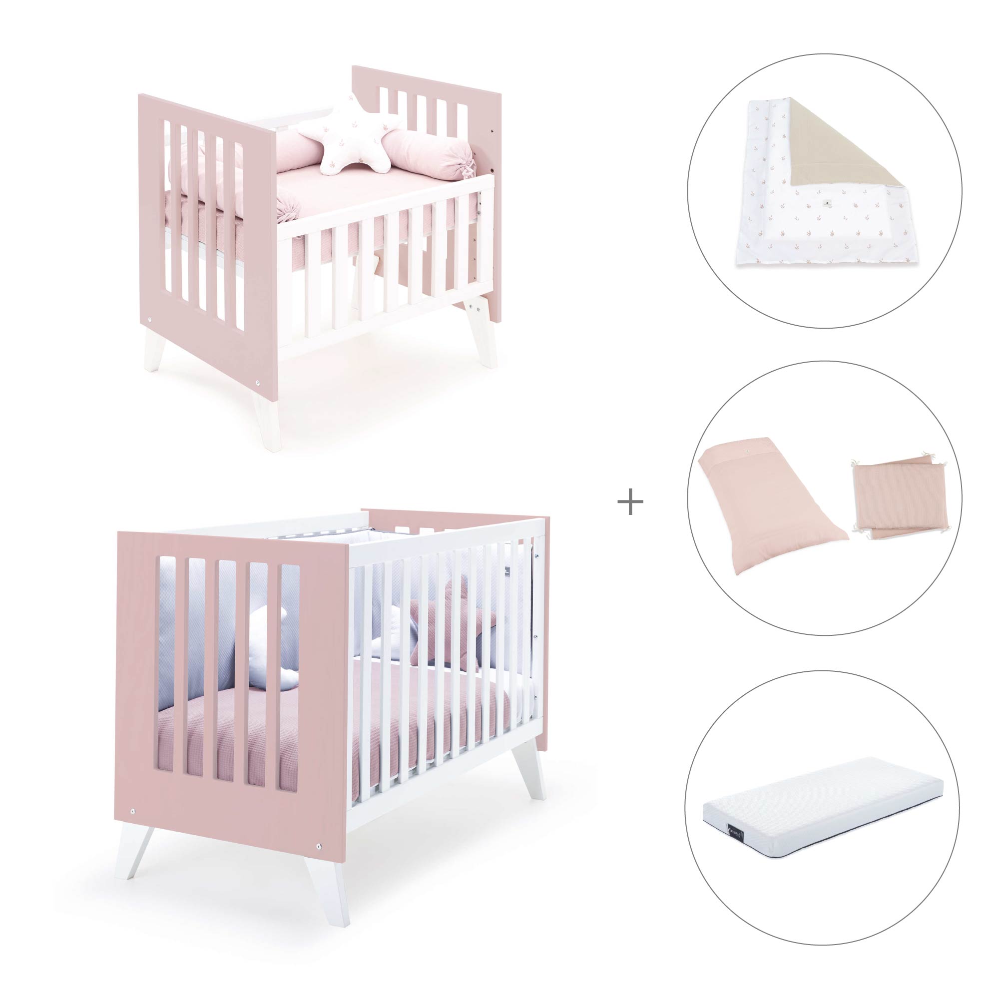 Minicuna y cuna todo en uno (7en1) blanca/rosa claro · Nexo Tre Flamingo C187T-M7742