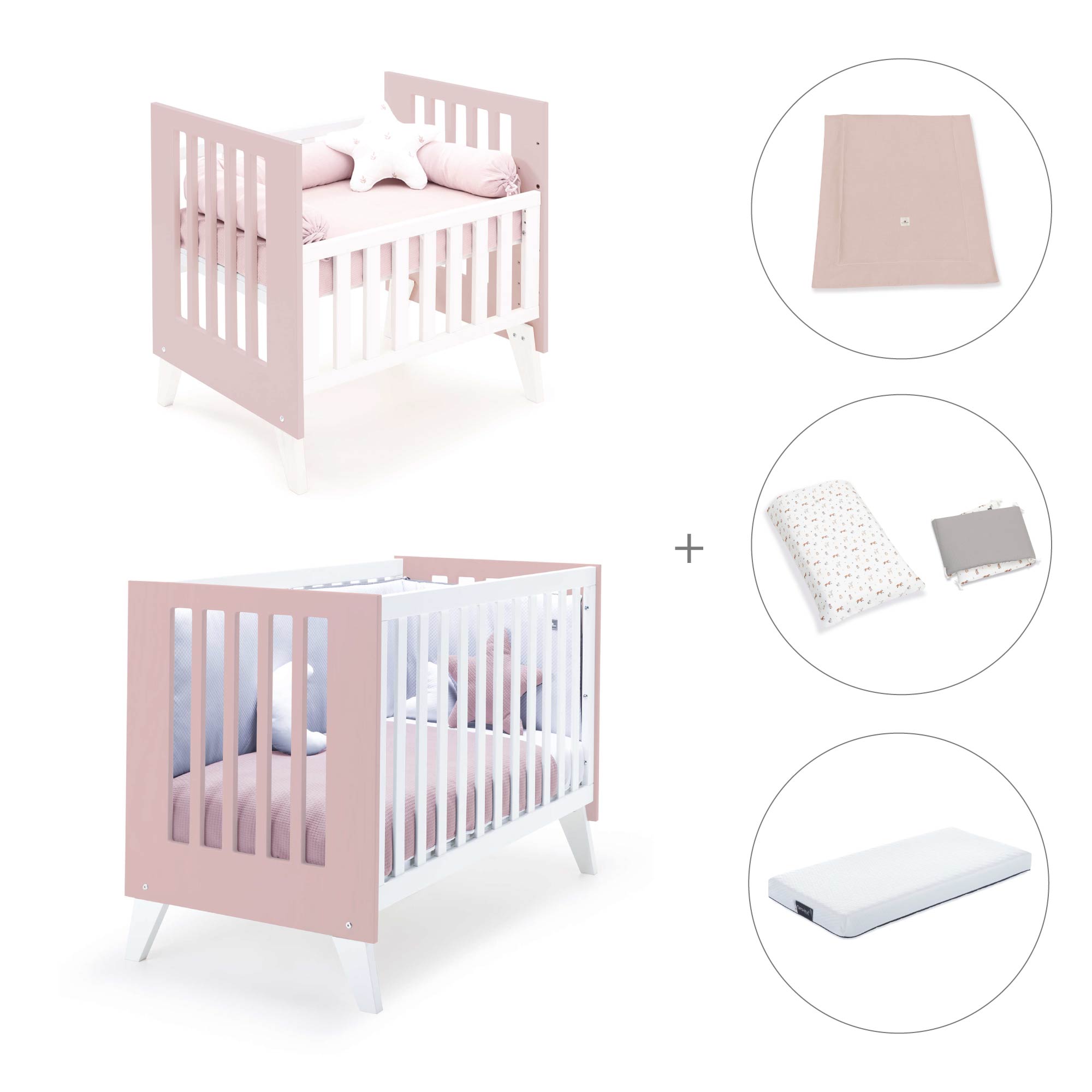 Minicuna y cuna todo en uno (7en1) blanca/rosa claro · Nexo Tre Flamingo C187T-M7742