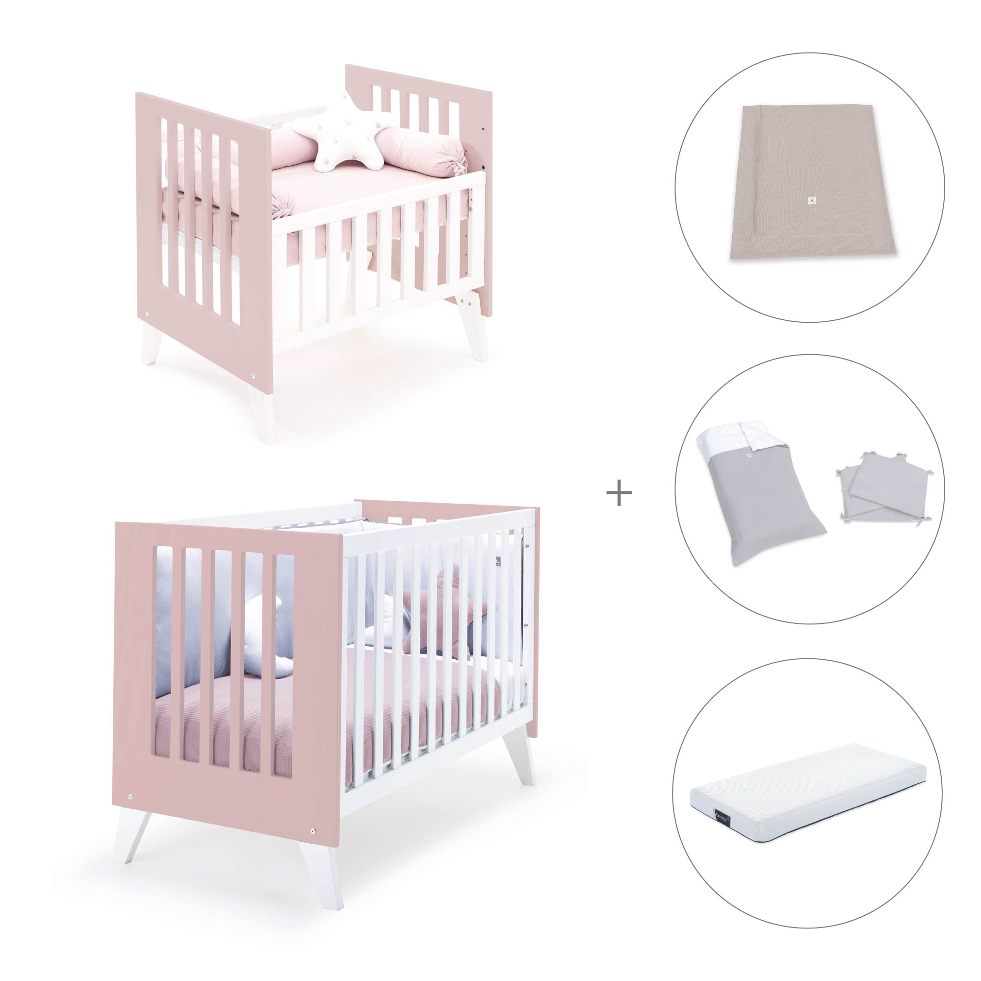Minicuna y cuna todo en uno (7en1) blanca/rosa claro · Nexo Tre Flamingo C187T-M7742