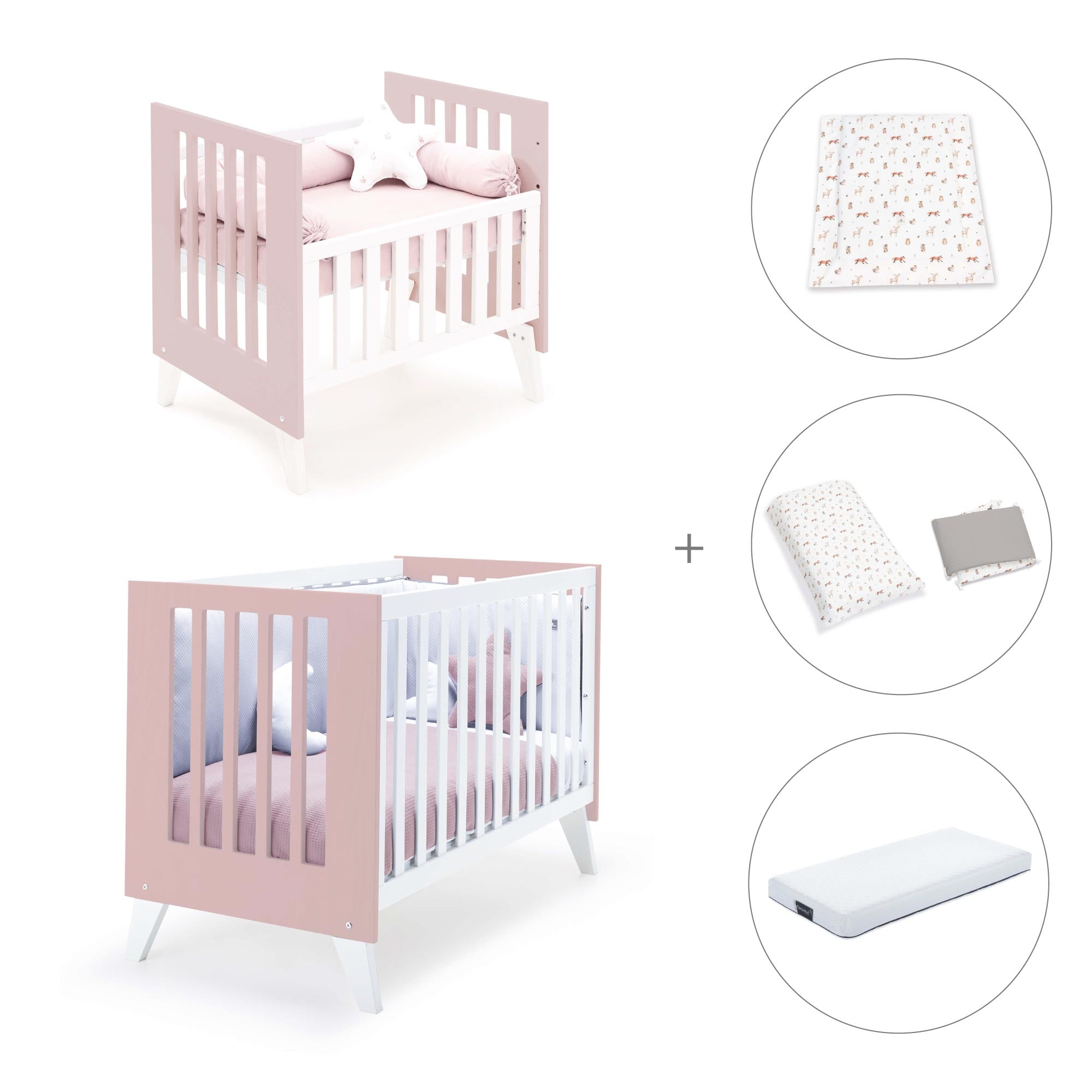 Minicuna y cuna todo en uno (7en1) blanca/rosa claro · Nexo Tre Flamingo C187T-M7742