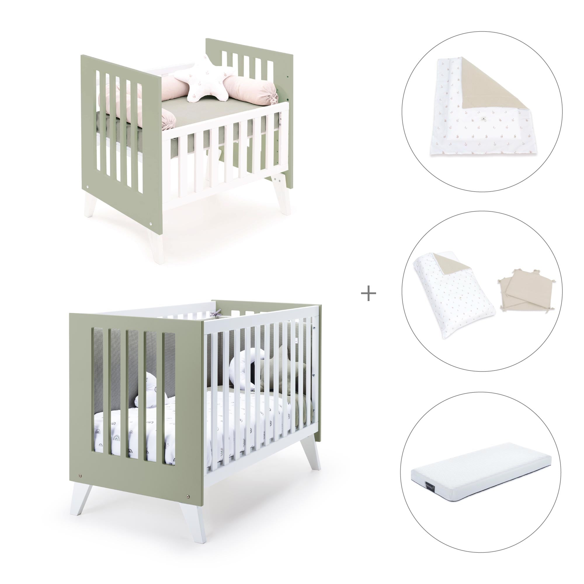 Minicuna y cuna todo en uno (7en1) blanca/verde-oliva · Nexo Tre Erba C187T-M7756