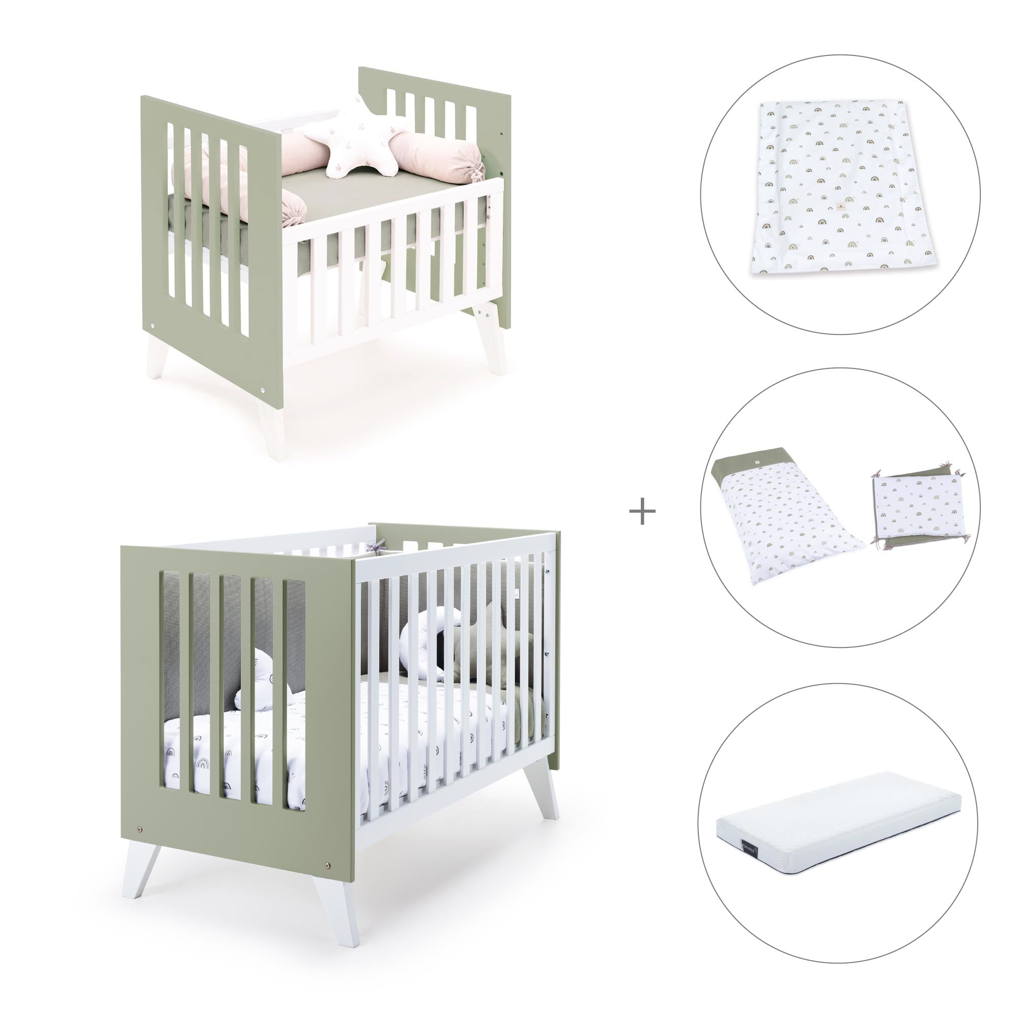 Minicuna y cuna todo en uno (7en1) blanca/verde-oliva · Nexo Tre Erba C187T-M7756