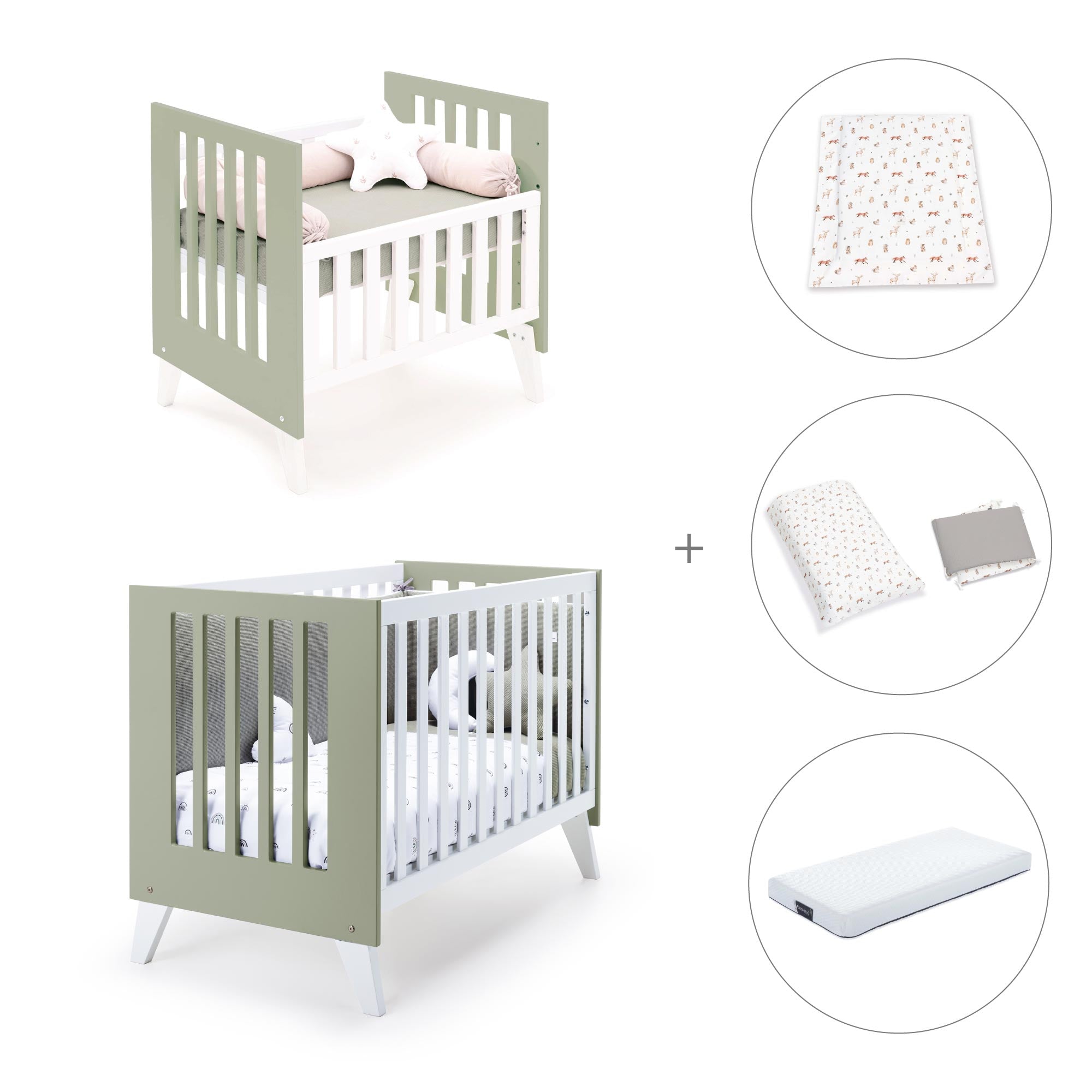 Minicuna y cuna todo en uno (7en1) blanca/verde-oliva · Nexo Tre Erba C187T-M7756