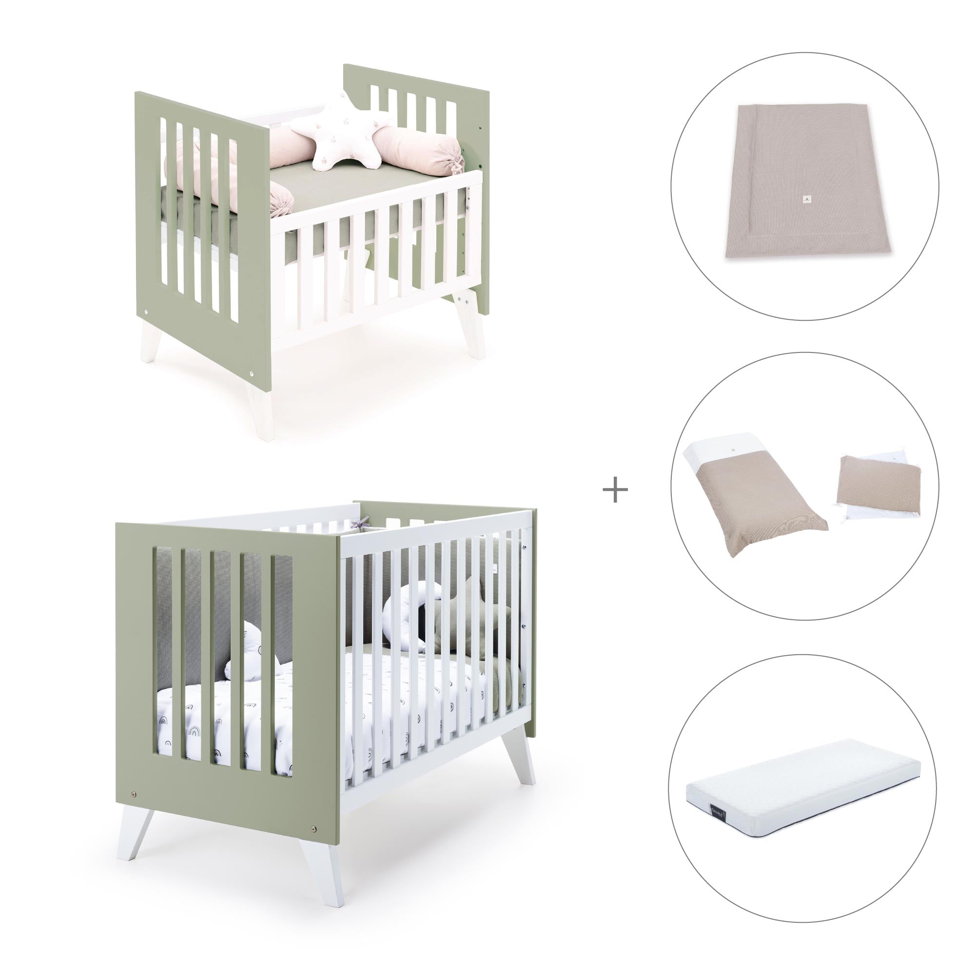 Minicuna y cuna todo en uno (7en1) blanca/verde-oliva · Nexo Tre Erba C187T-M7756