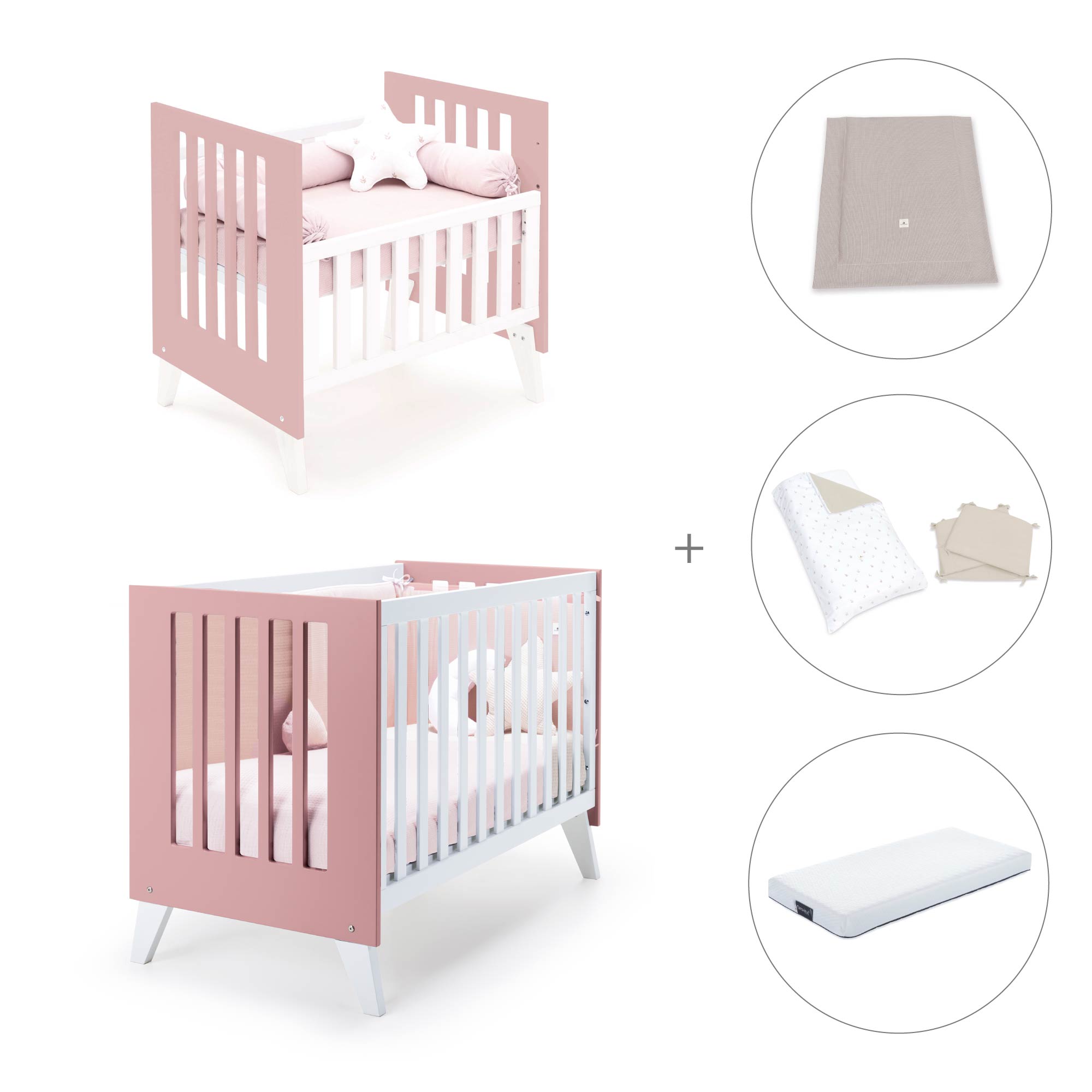Minicuna y cuna todo en uno (7en1) blanca/rosa · Nexo Tre Quarzo C187T-M7759