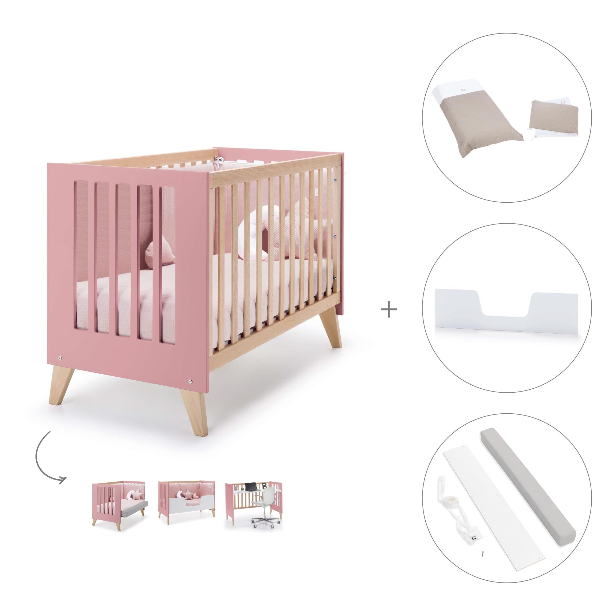 Cuna de colecho 60x120 cm (4en1) madera/rosado · Nexor Due Quarzo C187RD-M5995