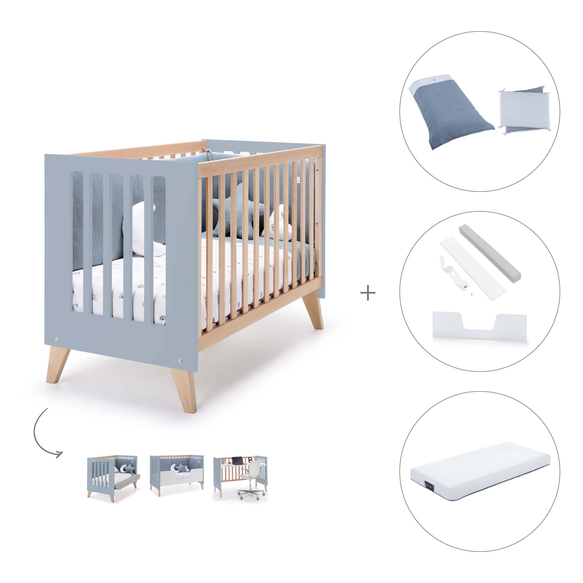 Cuna de colecho 60x120 cm (4en1) madera/celeste · Nexor Due Blue Denim