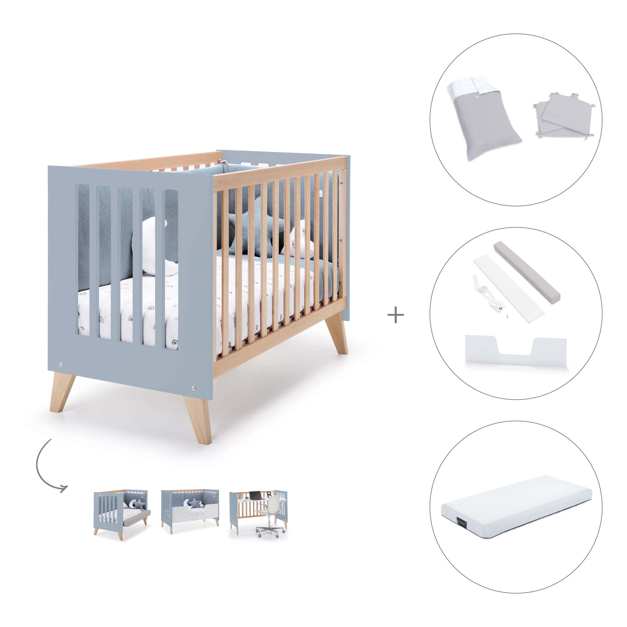 Cuna de colecho 60x120 cm (4en1) madera/celeste · Nexor Due Blue Denim