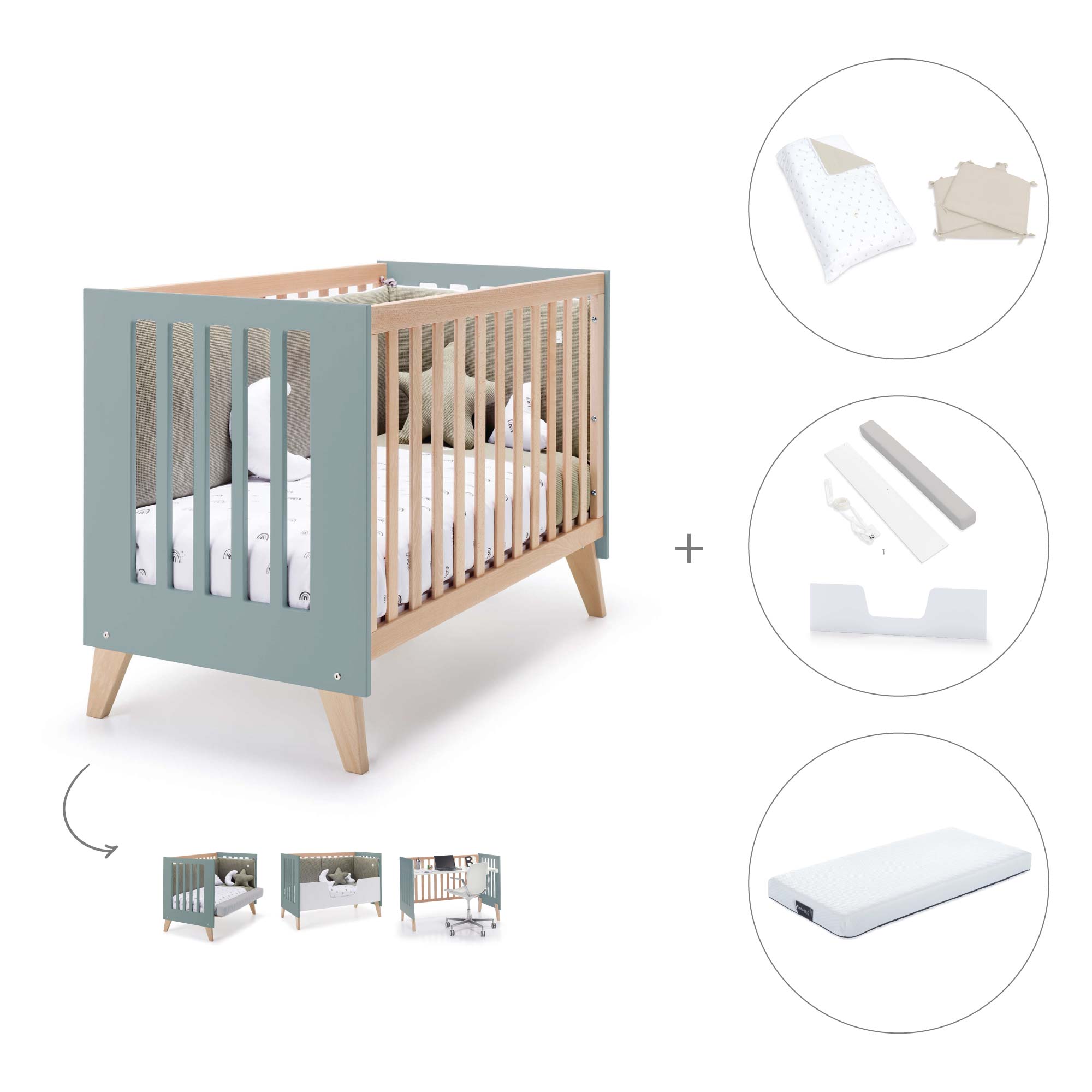 Cuna para colecho 60x120 cm (4en1) madera/eucalipto · Nexor Due Eucalyptus C187RD-M5795