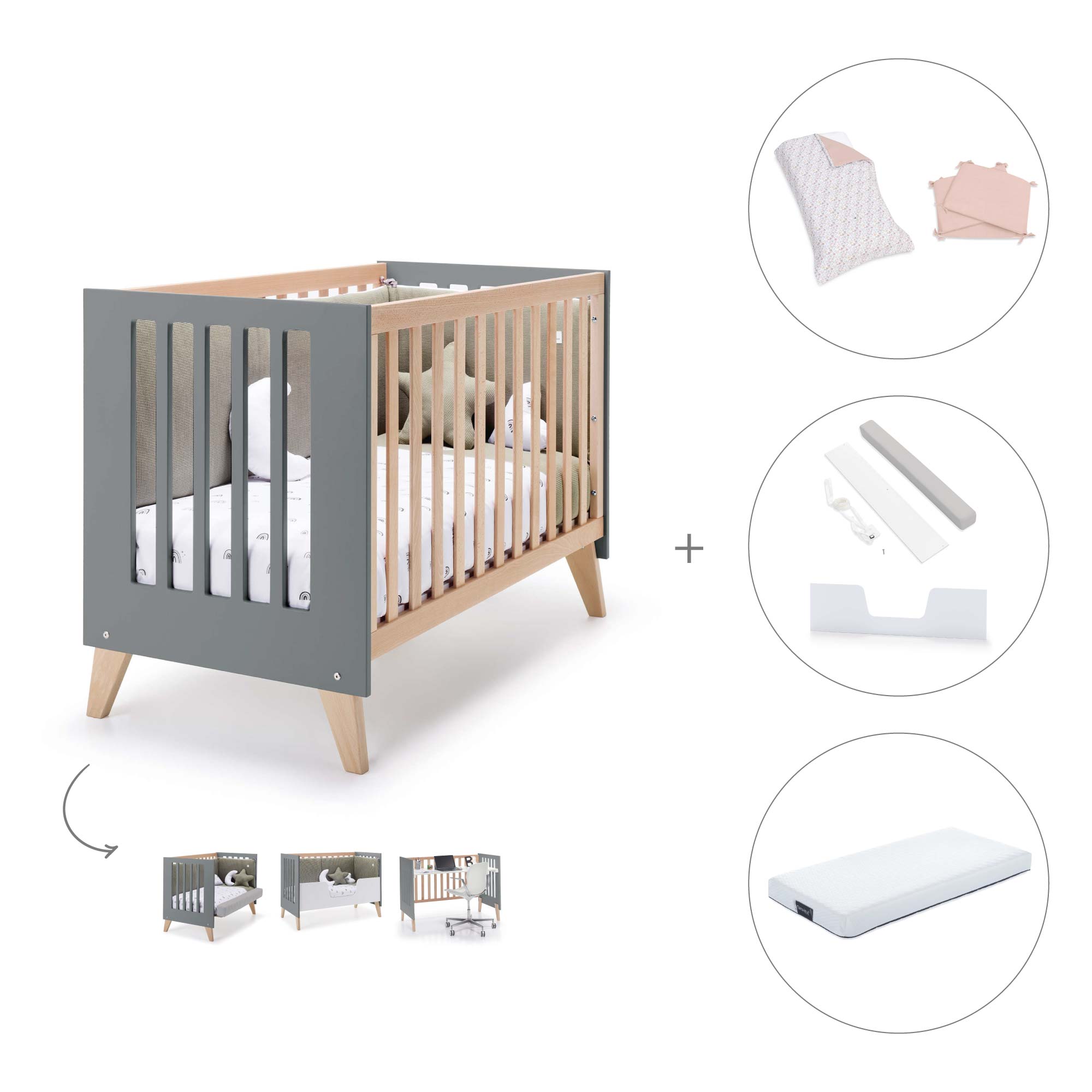 Cuna de colecho 60x120 cm (4en1) madera/antracita · Nexor Due Antracita C187RD-M5895