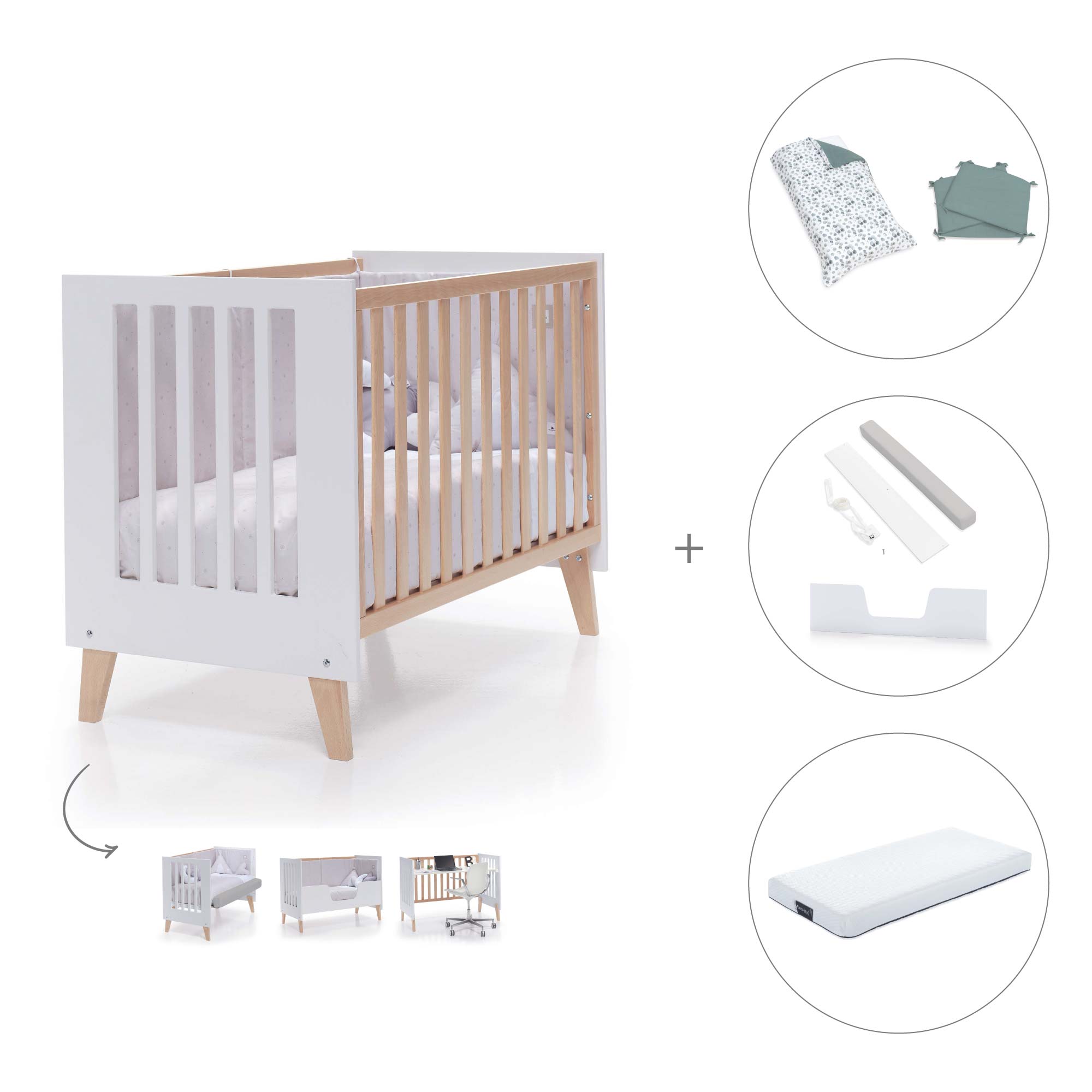 Cuna de colecho 60x120 cm (4en1) madera/blanca · Nexor Due White C187RD-M7795