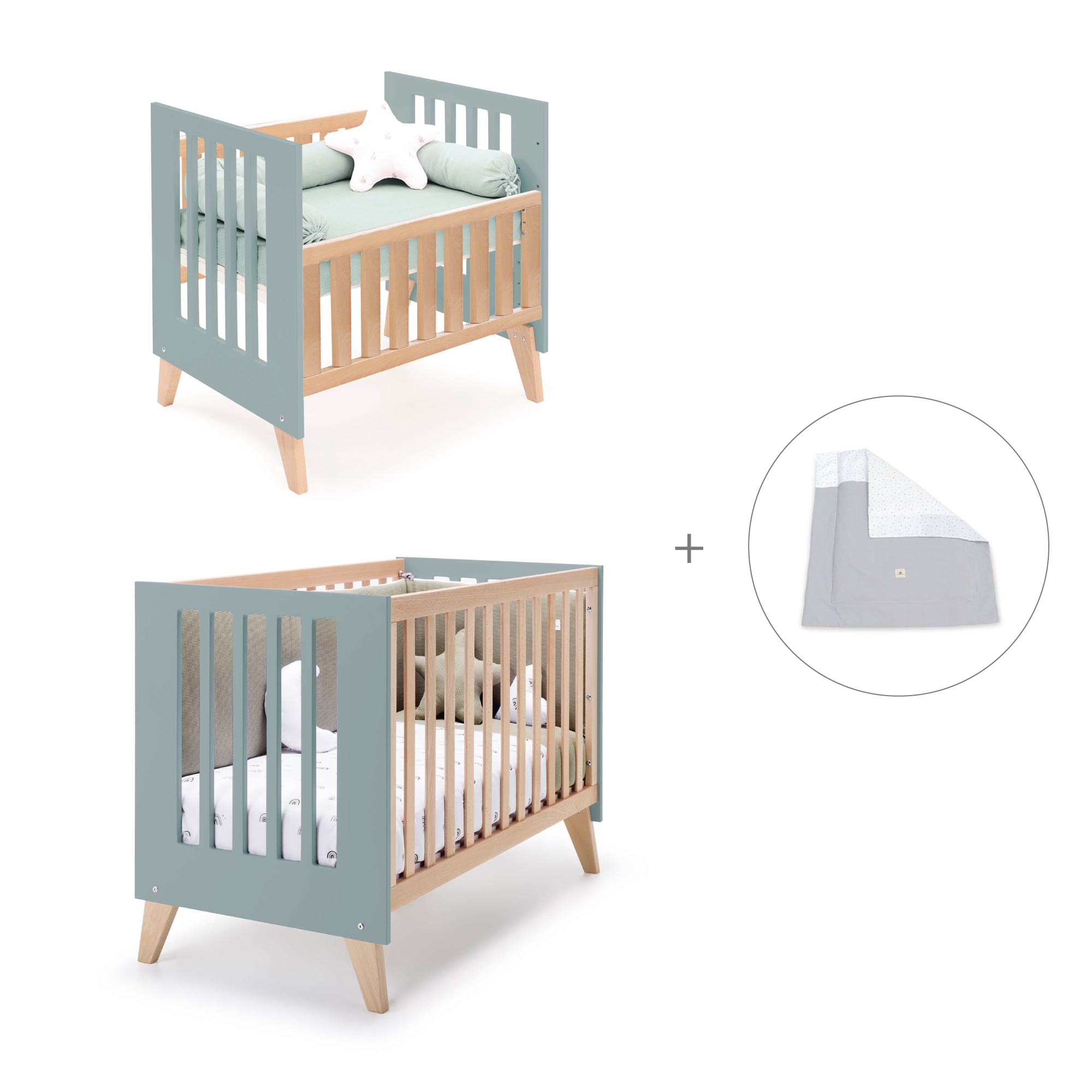 Minicuna convertible en cuna (7en1) madera/verde · Nexor Tre Eucalyptus C187RT-M5795