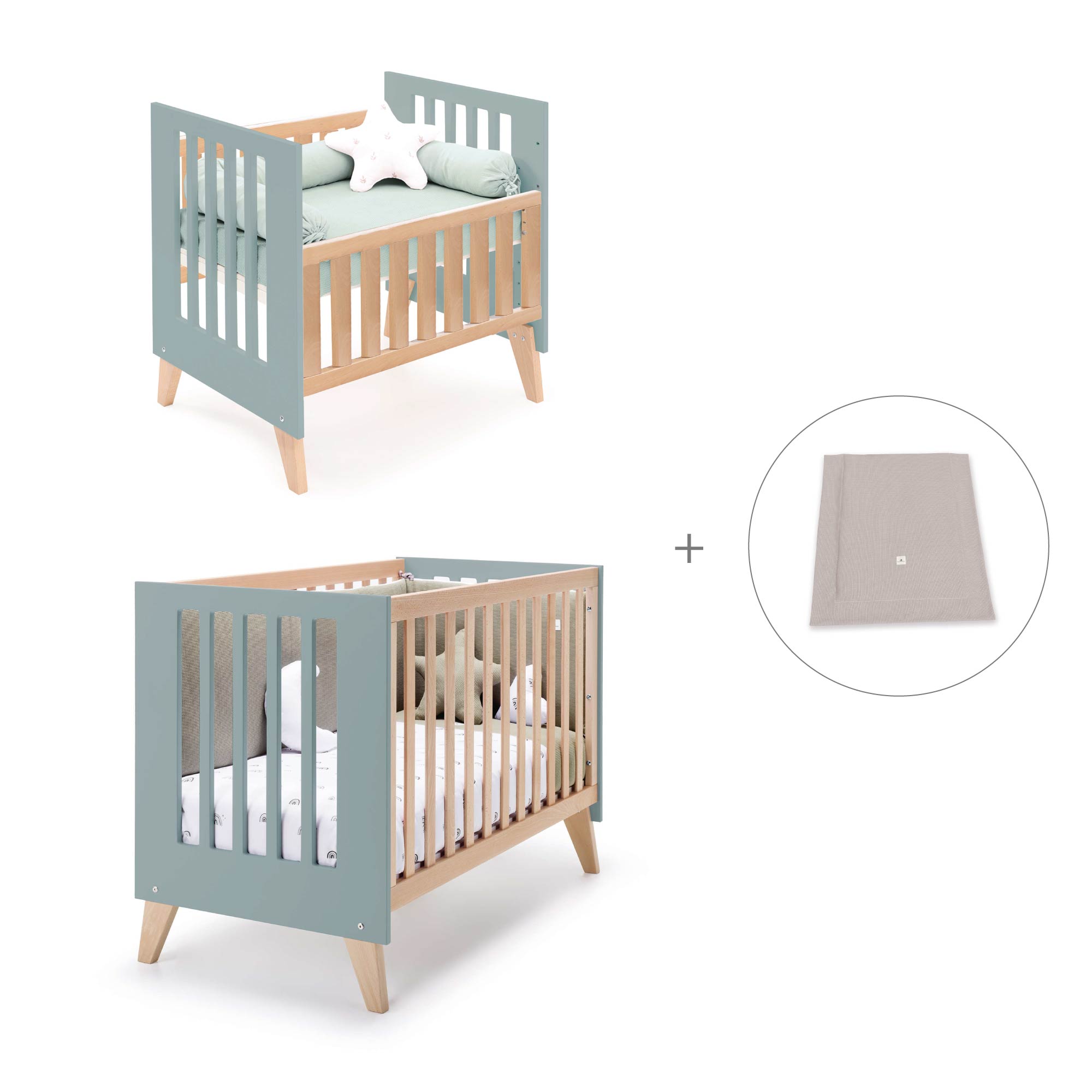 Minicuna convertible en cuna (7en1) madera/verde · Nexor Tre Eucalyptus C187RT-M5795