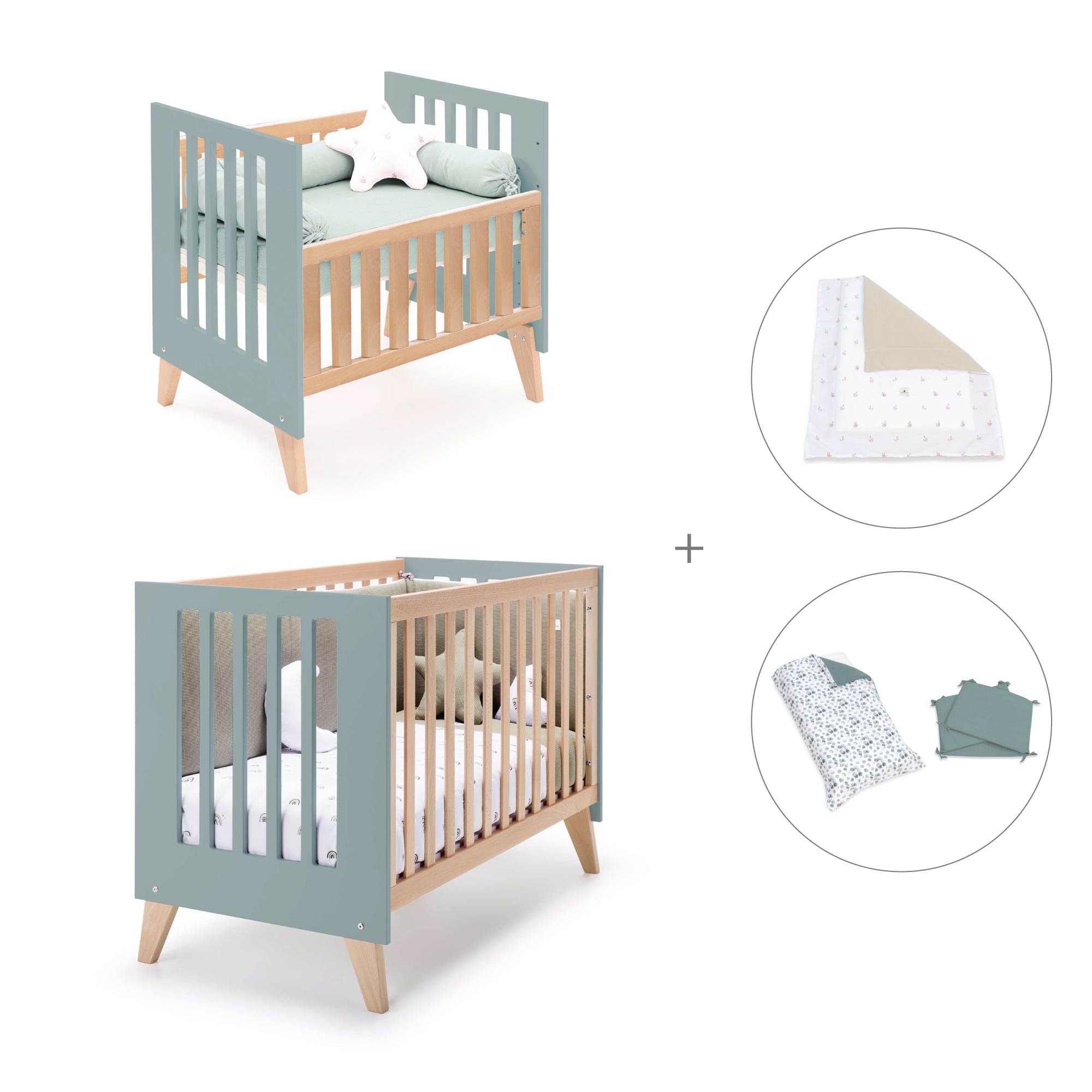 Minicuna convertible en cuna (7en1) madera/verde · Nexor Tre Eucalyptus C187RT-M5795
