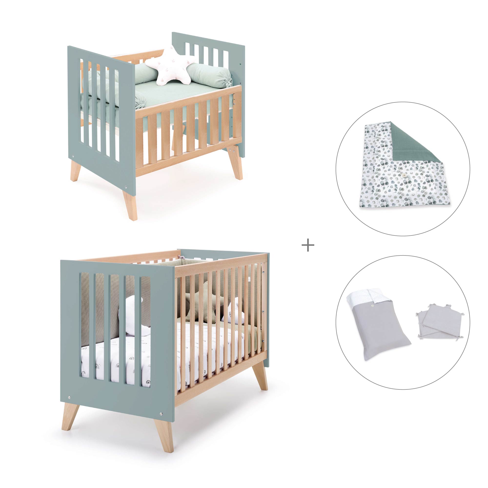 Minicuna convertible en cuna (7en1) madera/verde · Nexor Tre Eucalyptus C187RT-M5795