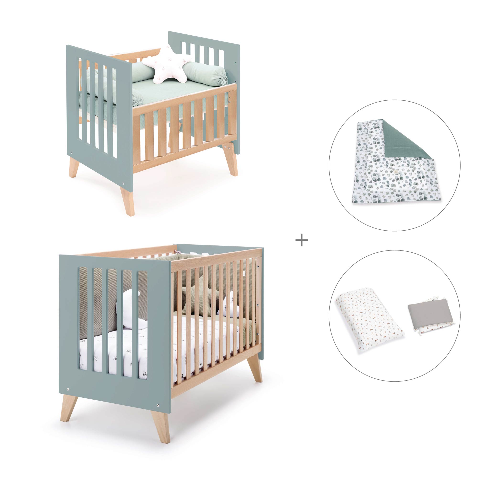 Minicuna convertible en cuna (7en1) madera/verde · Nexor Tre Eucalyptus C187RT-M5795