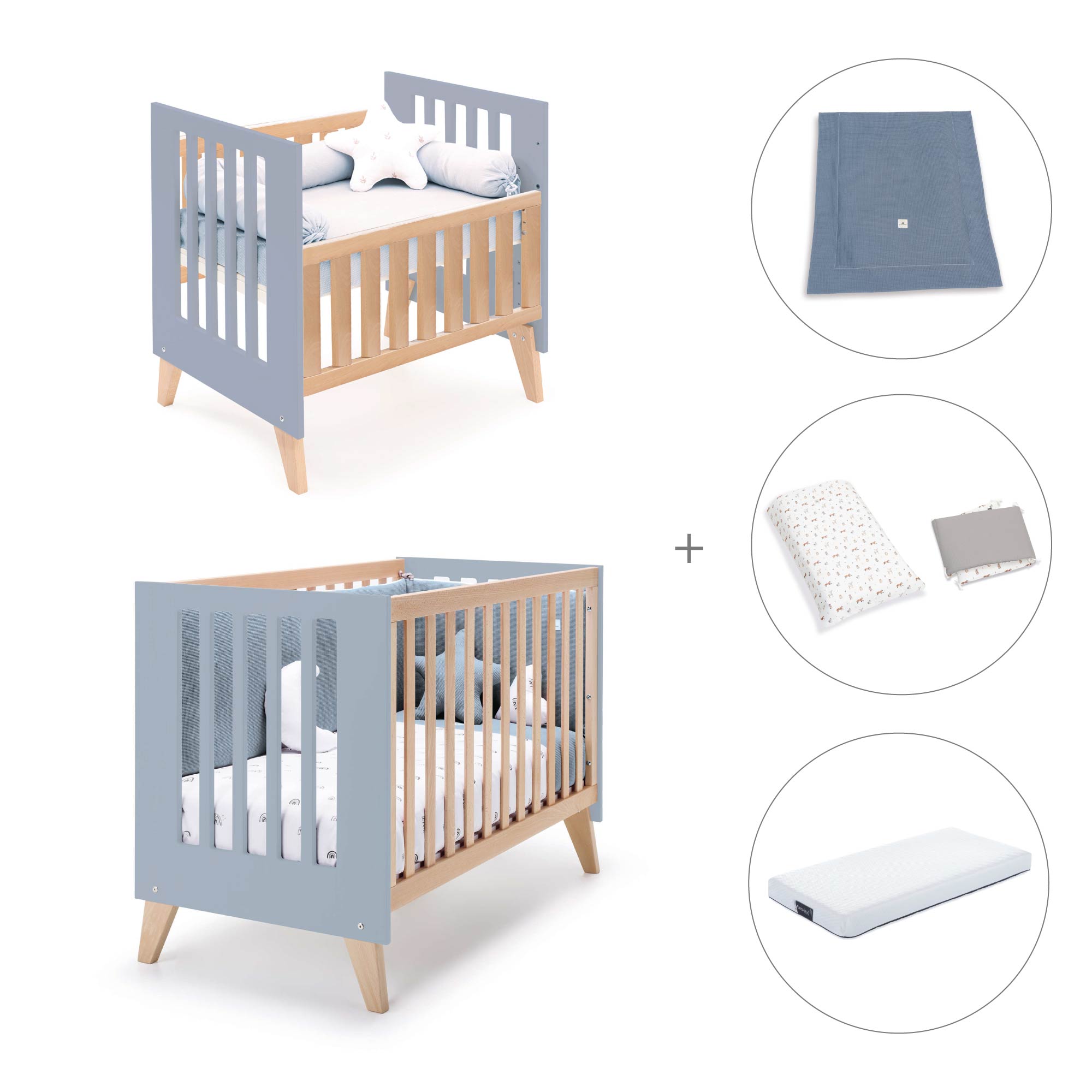 Minicuna convertible en cuna (7en1) madera/azul · Nexor Tre Blu denim C187RT-M4195