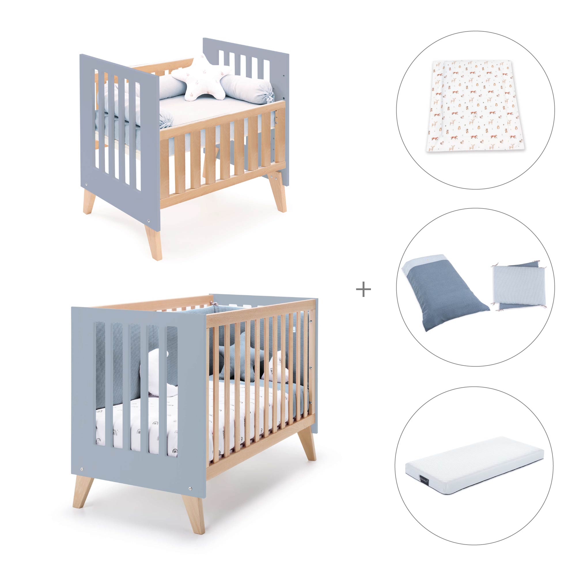 Minicuna convertible en cuna (7en1) madera/azul · Nexor Tre Blu denim C187RT-M4195