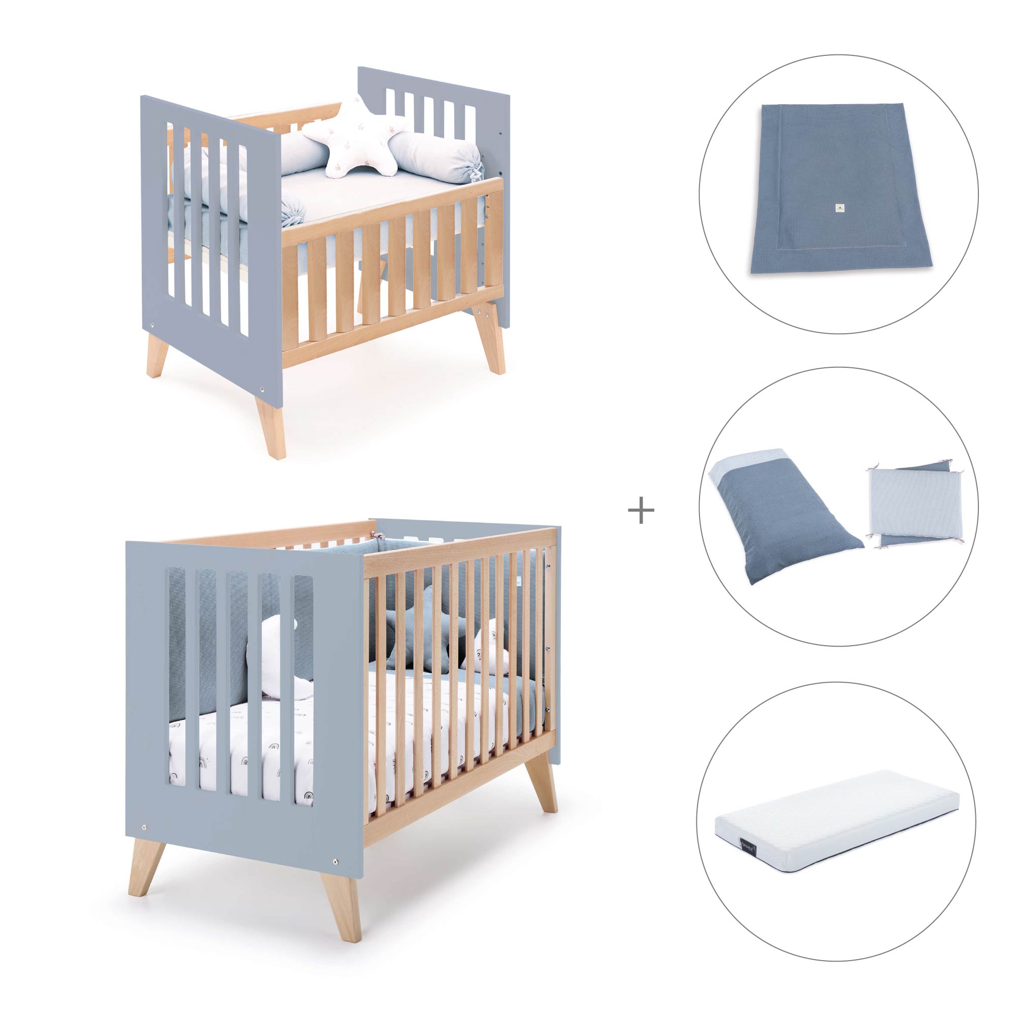 Minicuna convertible en cuna (7en1) madera/azul · Nexor Tre Blu denim C187RT-M4195