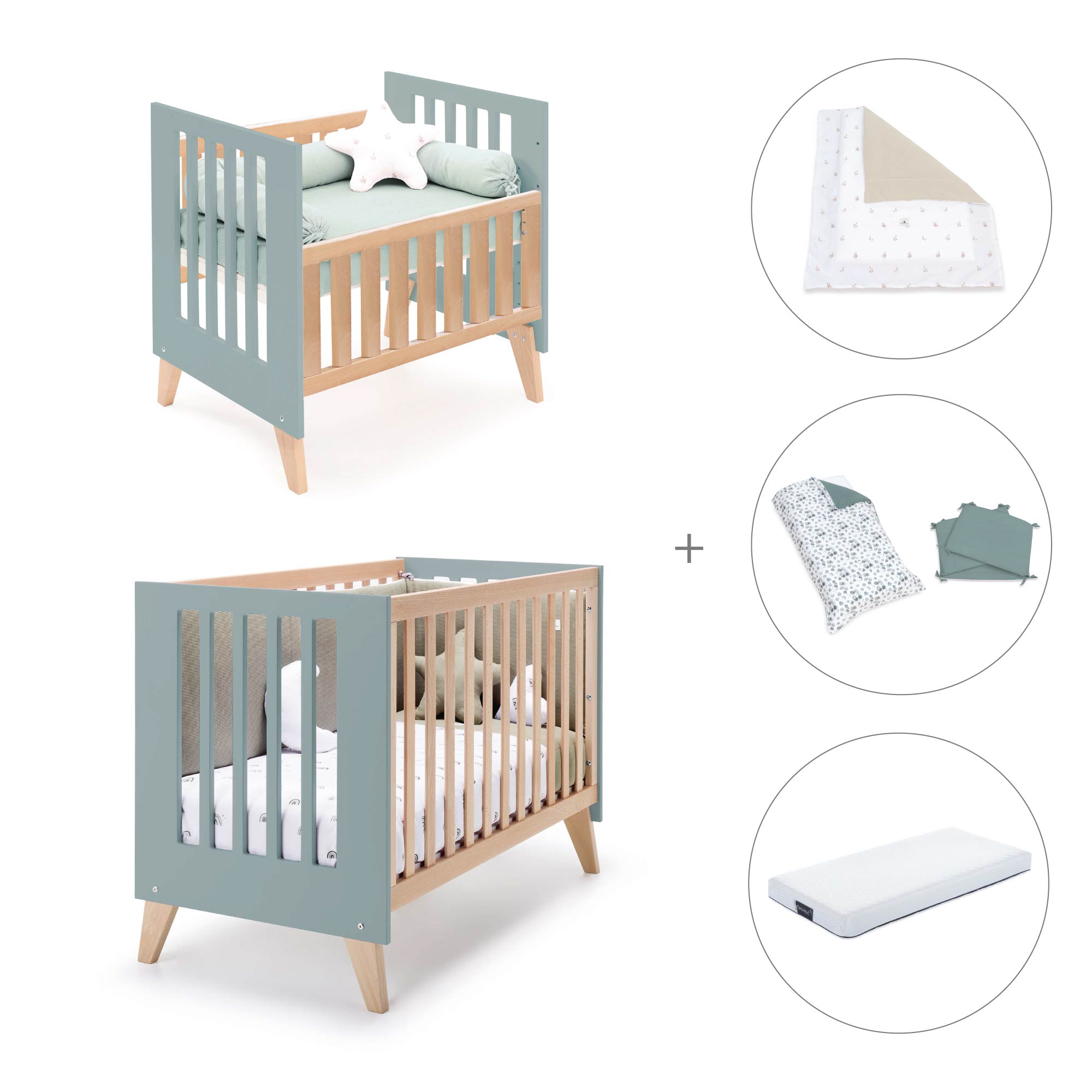 Minicuna convertible en cuna (7en1) madera/verde · Nexor Tre Eucalyptus C187RT-M5795