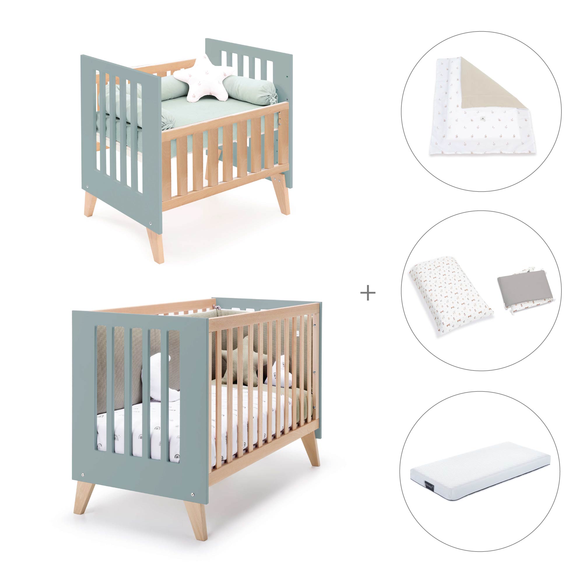 Minicuna convertible en cuna (7en1) madera/verde · Nexor Tre Eucalyptus C187RT-M5795