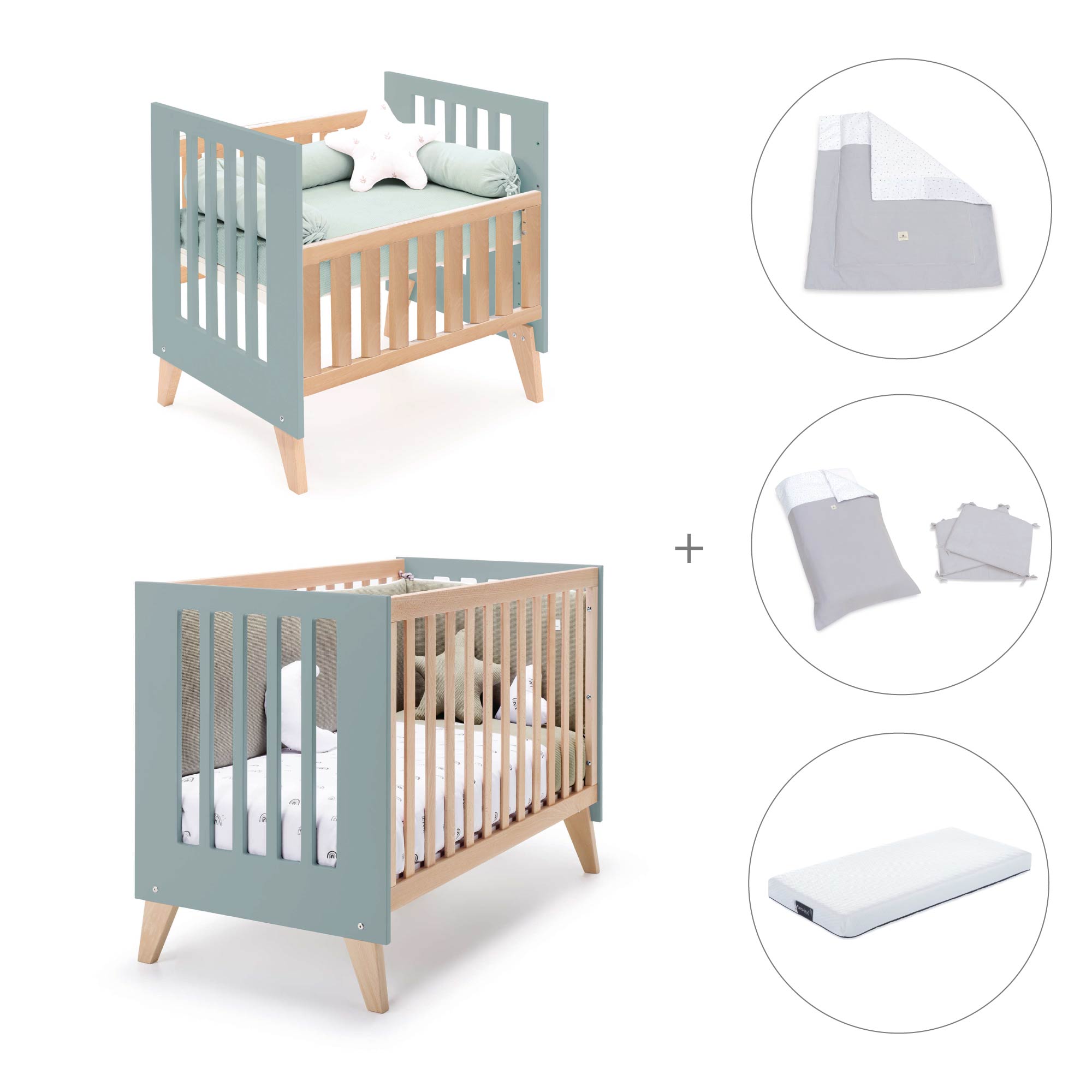 Minicuna convertible en cuna (7en1) madera/verde · Nexor Tre Eucalyptus C187RT-M5795