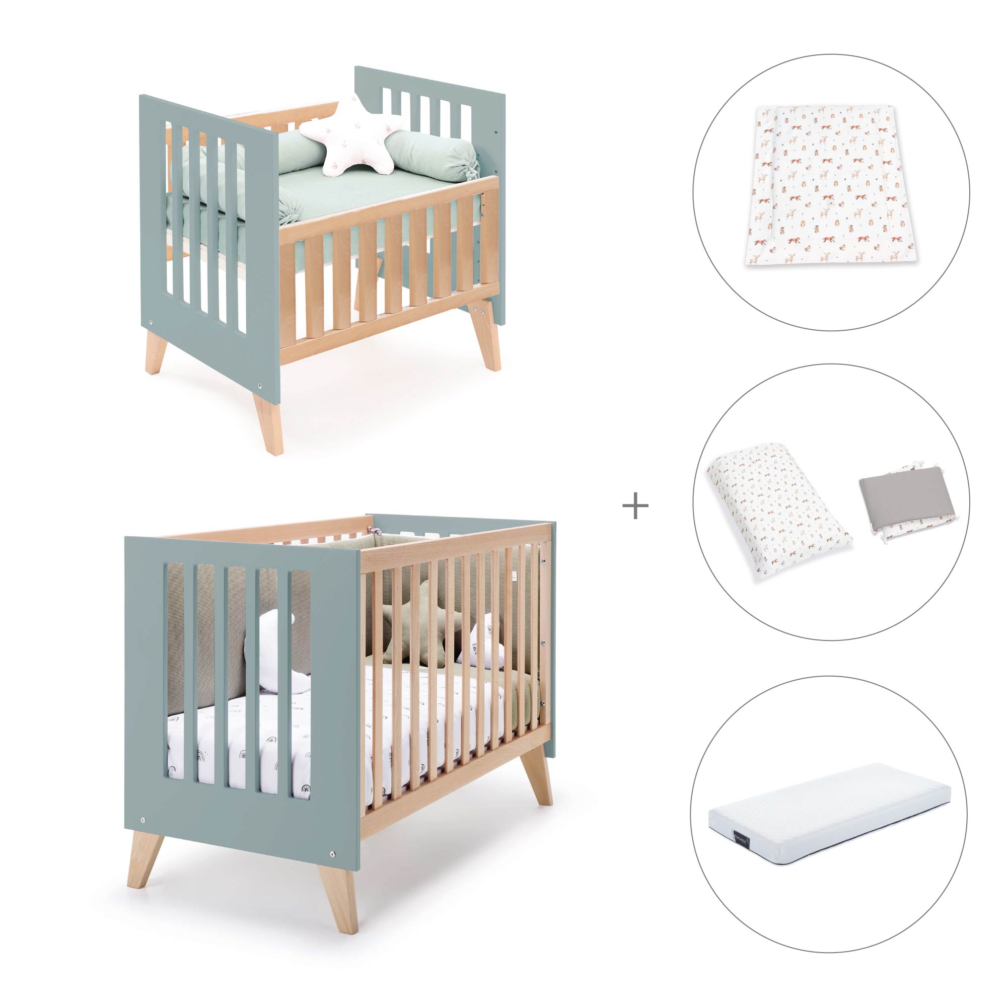 Minicuna convertible en cuna (7en1) madera/verde · Nexor Tre Eucalyptus C187RT-M5795