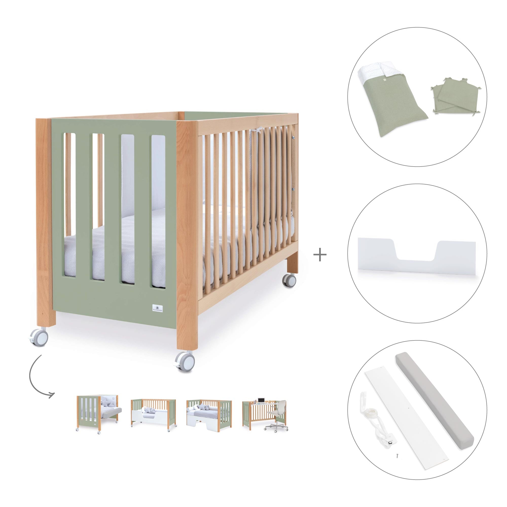 Cuna colecho 60x120 cm (5en1) madera/verde-oliva · Occa C166-M9556