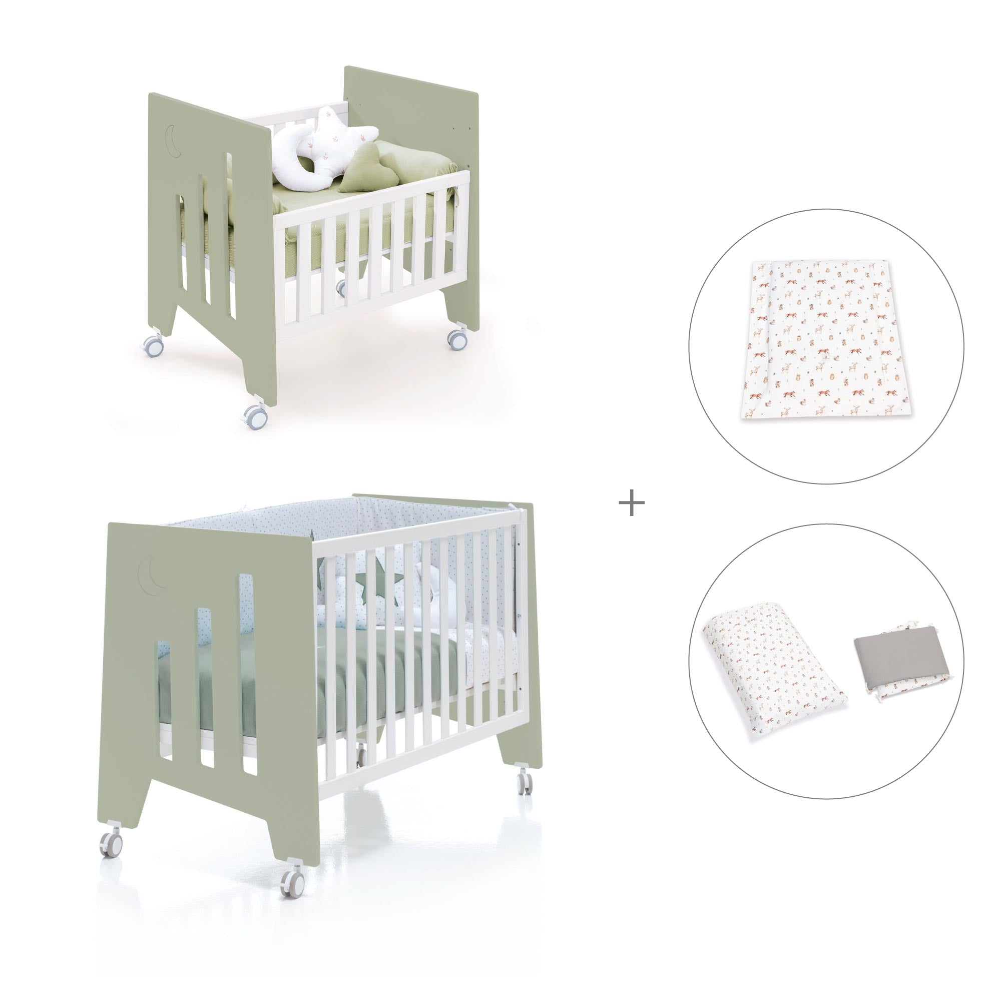 Minicuna 60x80 cm y cuna 60x120 cm (7en1) verde-oliva · Omni Tre Erba C181T-M7756