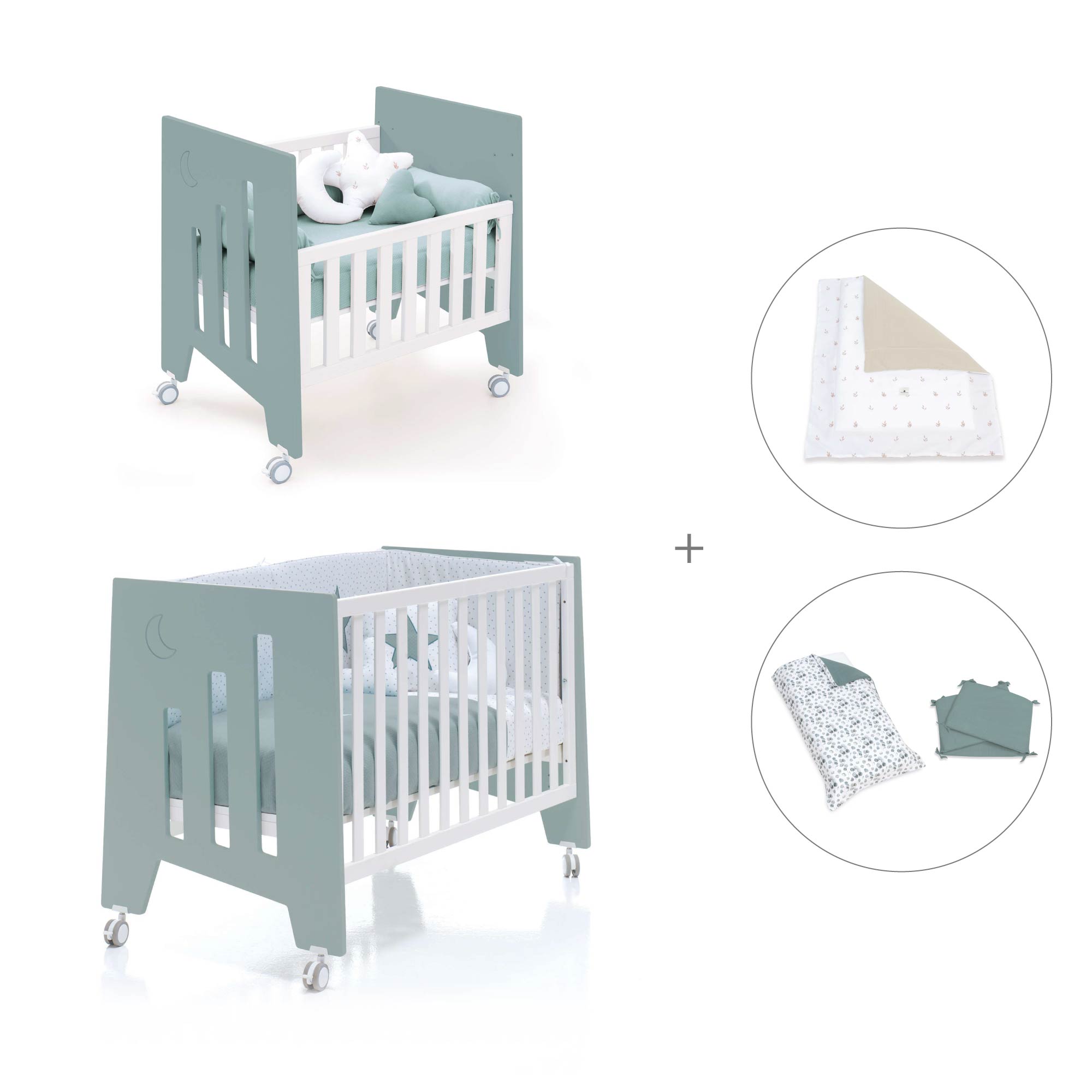 Minicuna 60x80 cm y cuna 60x120 cm (7en1) verde eucalipto · Omni Tre Eucalyptus C181T-M7757