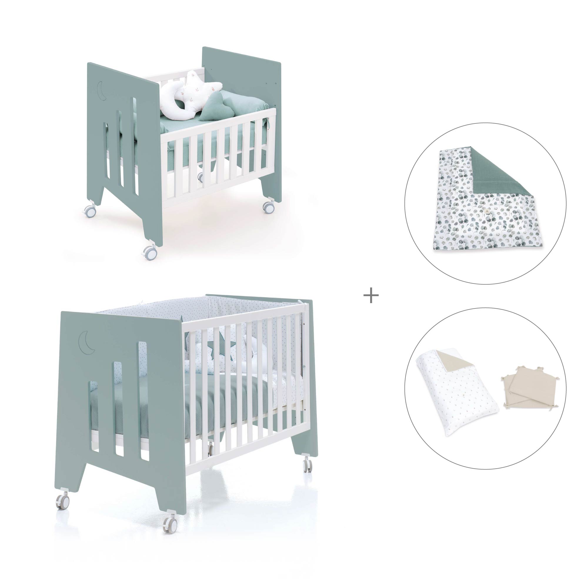 Minicuna 60x80 cm y cuna 60x120 cm (7en1) verde eucalipto · Omni Tre Eucalyptus C181T-M7757