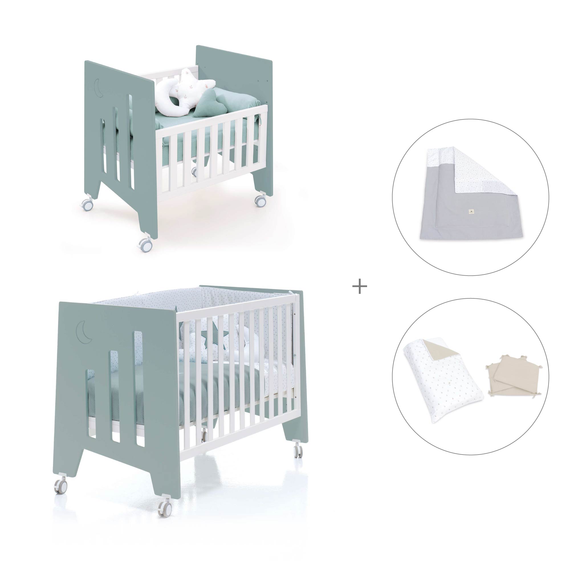 Minicuna 60x80 cm y cuna 60x120 cm (7en1) verde eucalipto · Omni Tre Eucalyptus C181T-M7757