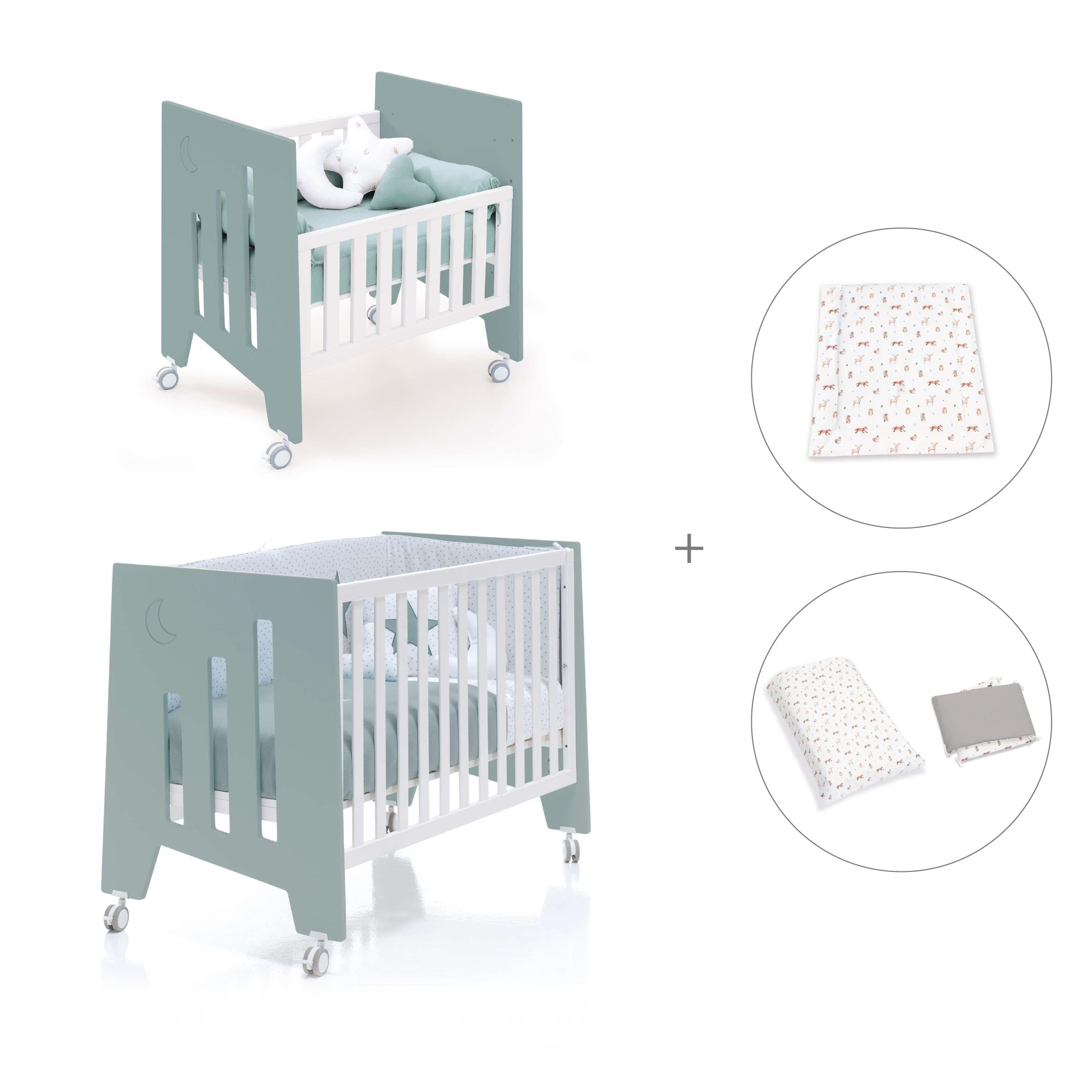 Minicuna 60x80 cm y cuna 60x120 cm (7en1) verde eucalipto · Omni Tre Eucalyptus C181T-M7757
