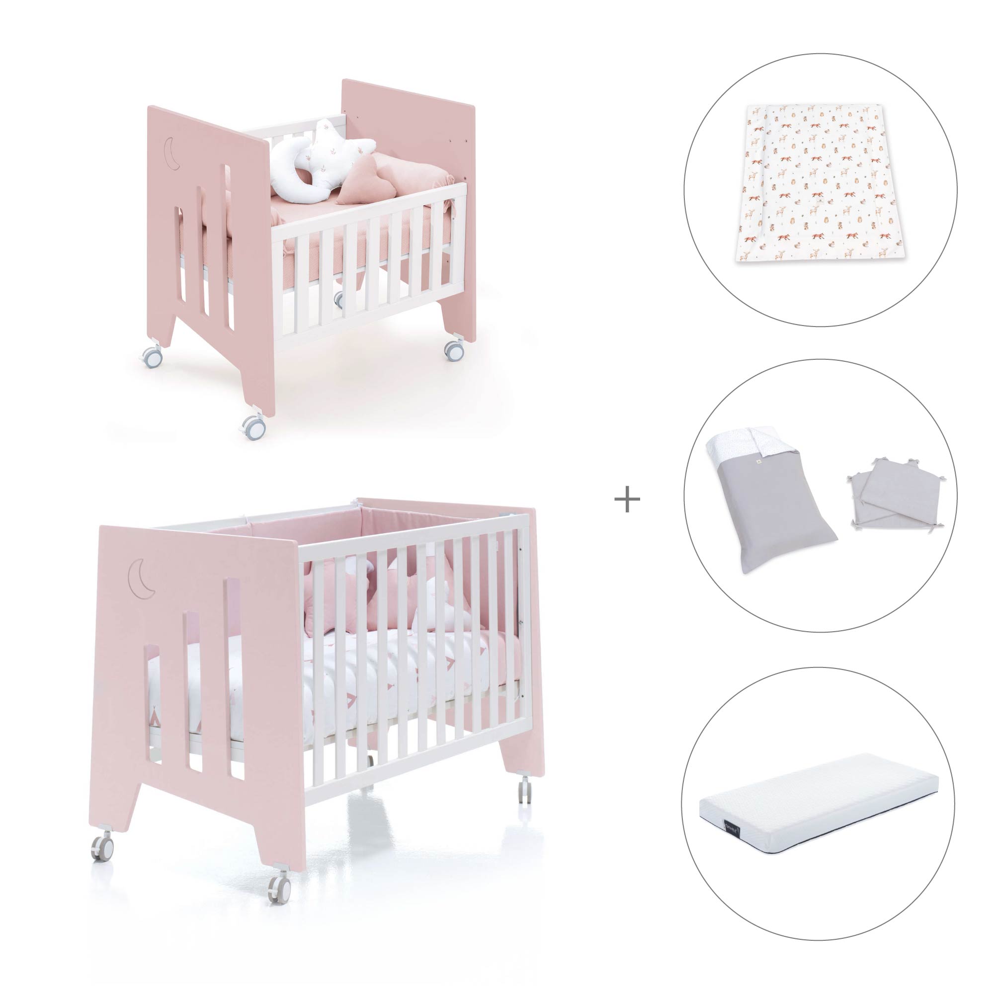 Minicuna 60x80 cm y cuna 60x120 cm (7en1) rosa claro · Omni Tre Flamingo C181T-M7742