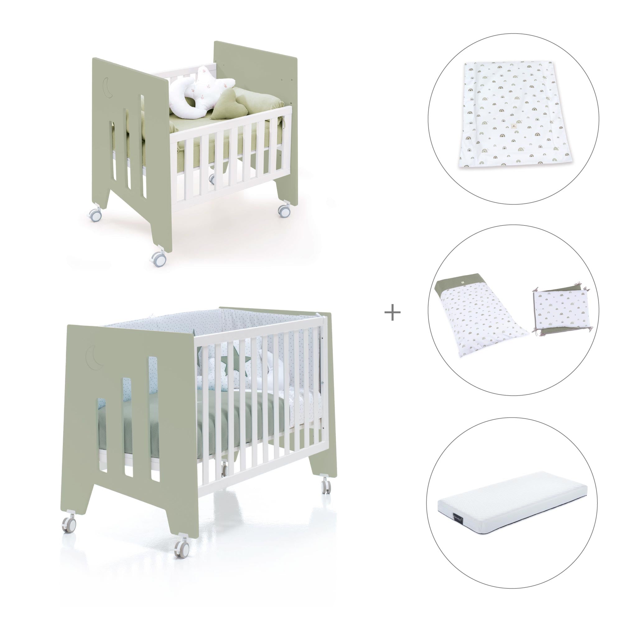 Minicuna 60x80 cm y cuna 60x120 cm (7en1) verde-oliva · Omni Tre Erba C181T-M7756