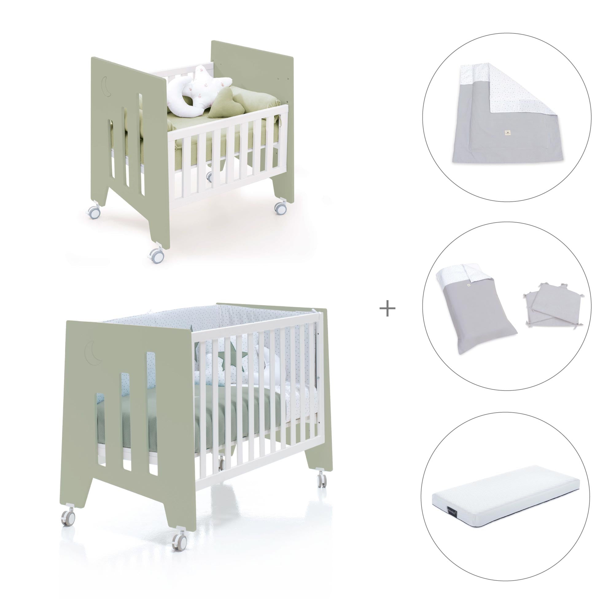Minicuna 60x80 cm y cuna 60x120 cm (7en1) verde-oliva · Omni Tre Erba C181T-M7756