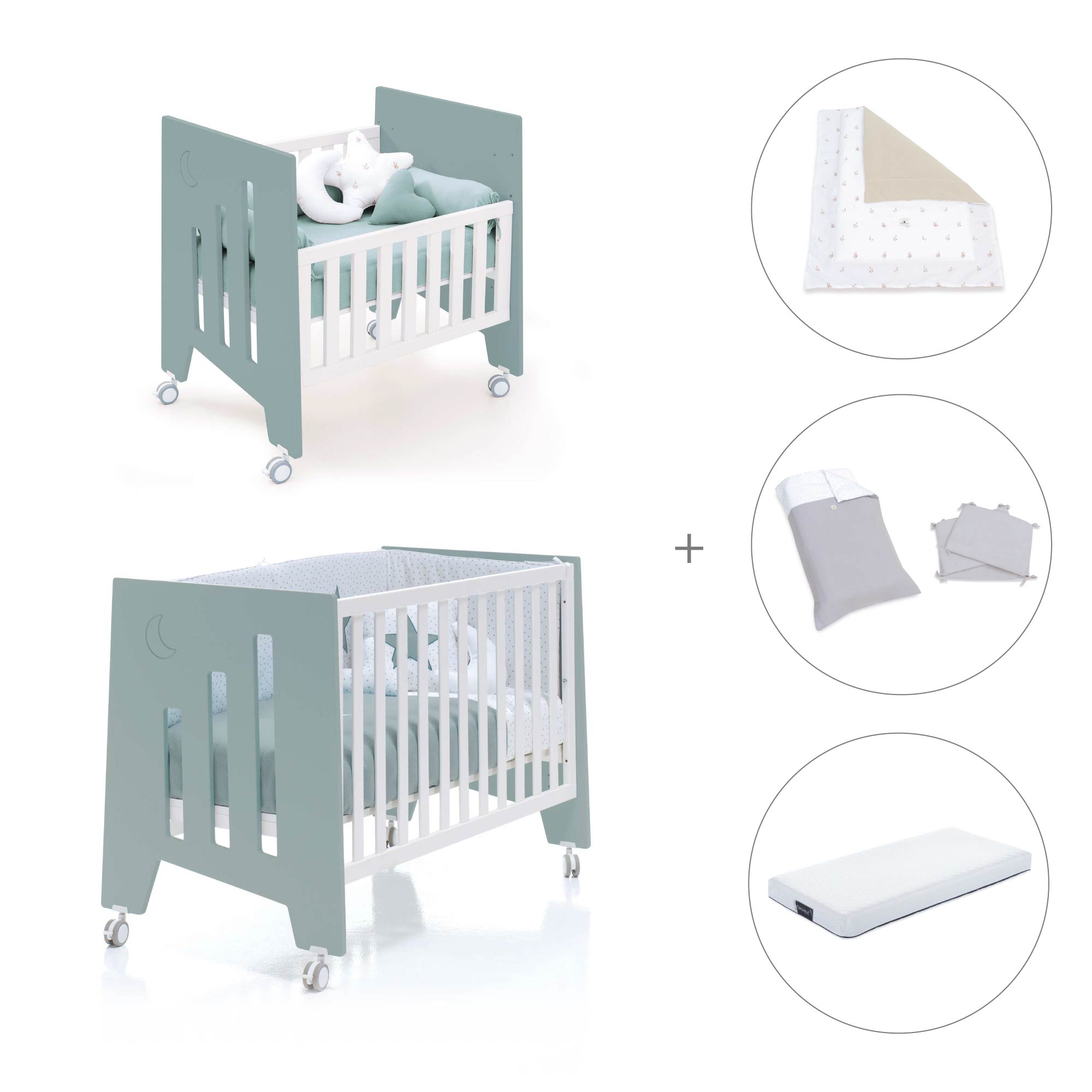 Minicuna 60x80 cm y cuna 60x120 cm (7en1) verde eucalipto · Omni Tre Eucalyptus C181T-M7757