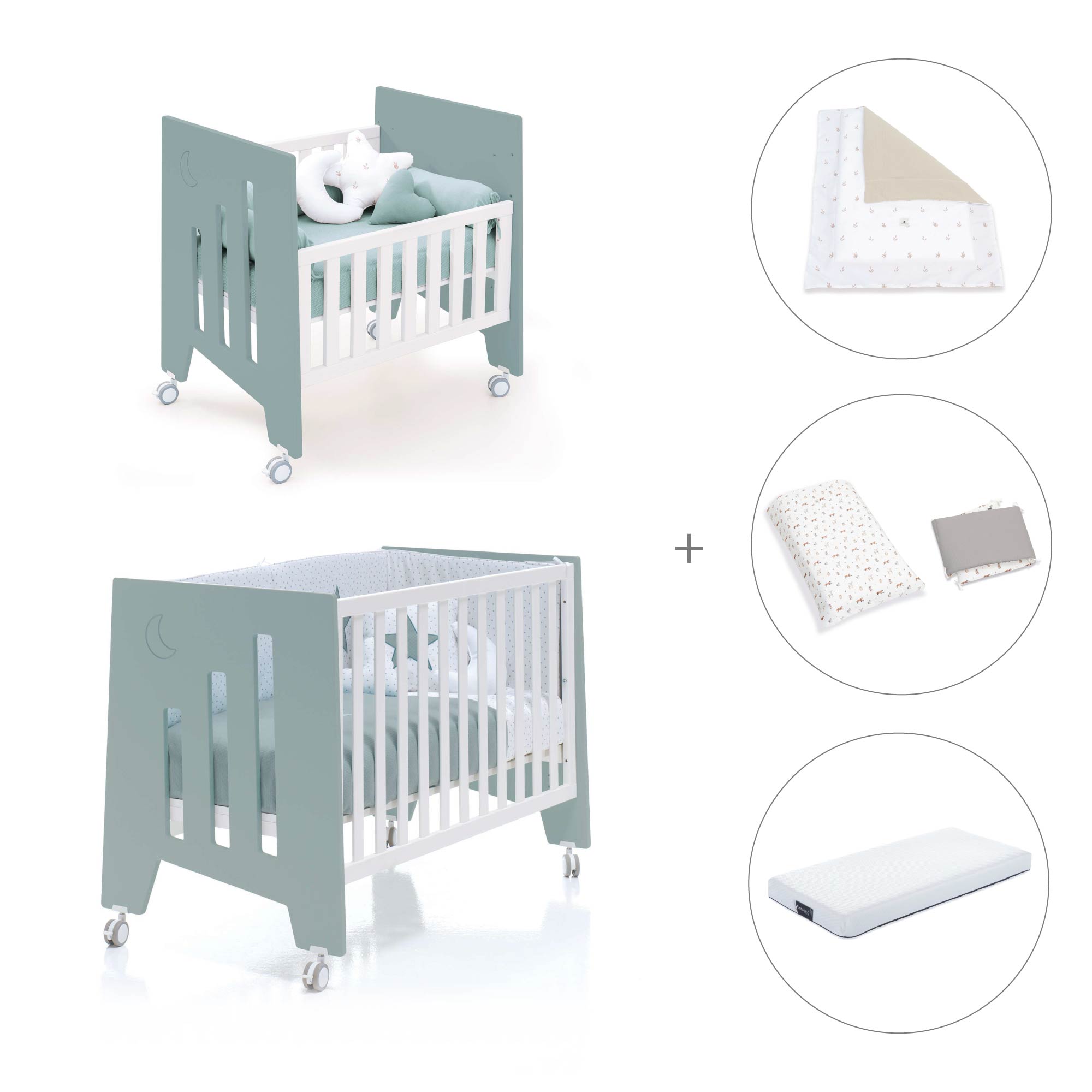 Minicuna 60x80 cm y cuna 60x120 cm (7en1) verde eucalipto · Omni Tre Eucalyptus C181T-M7757