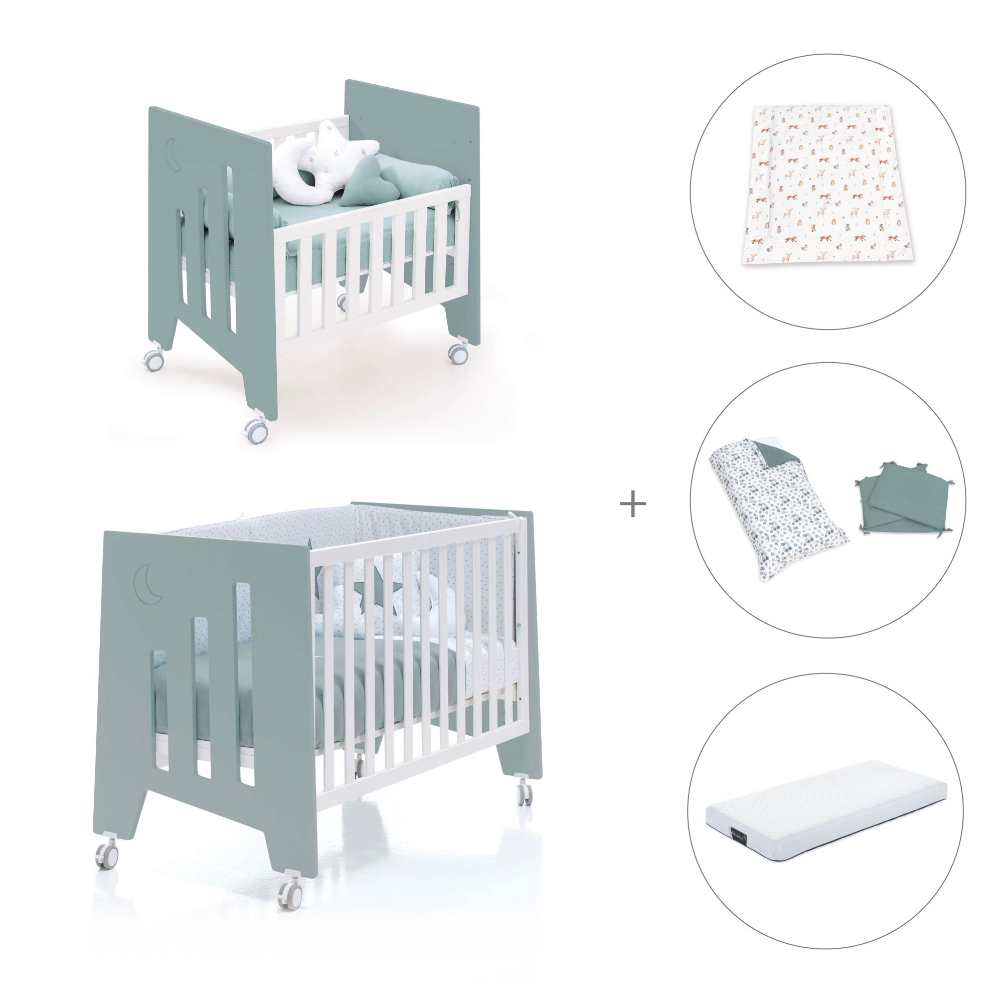 Minicuna 60x80 cm y cuna 60x120 cm (7en1) verde eucalipto · Omni Tre Eucalyptus C181T-M7757