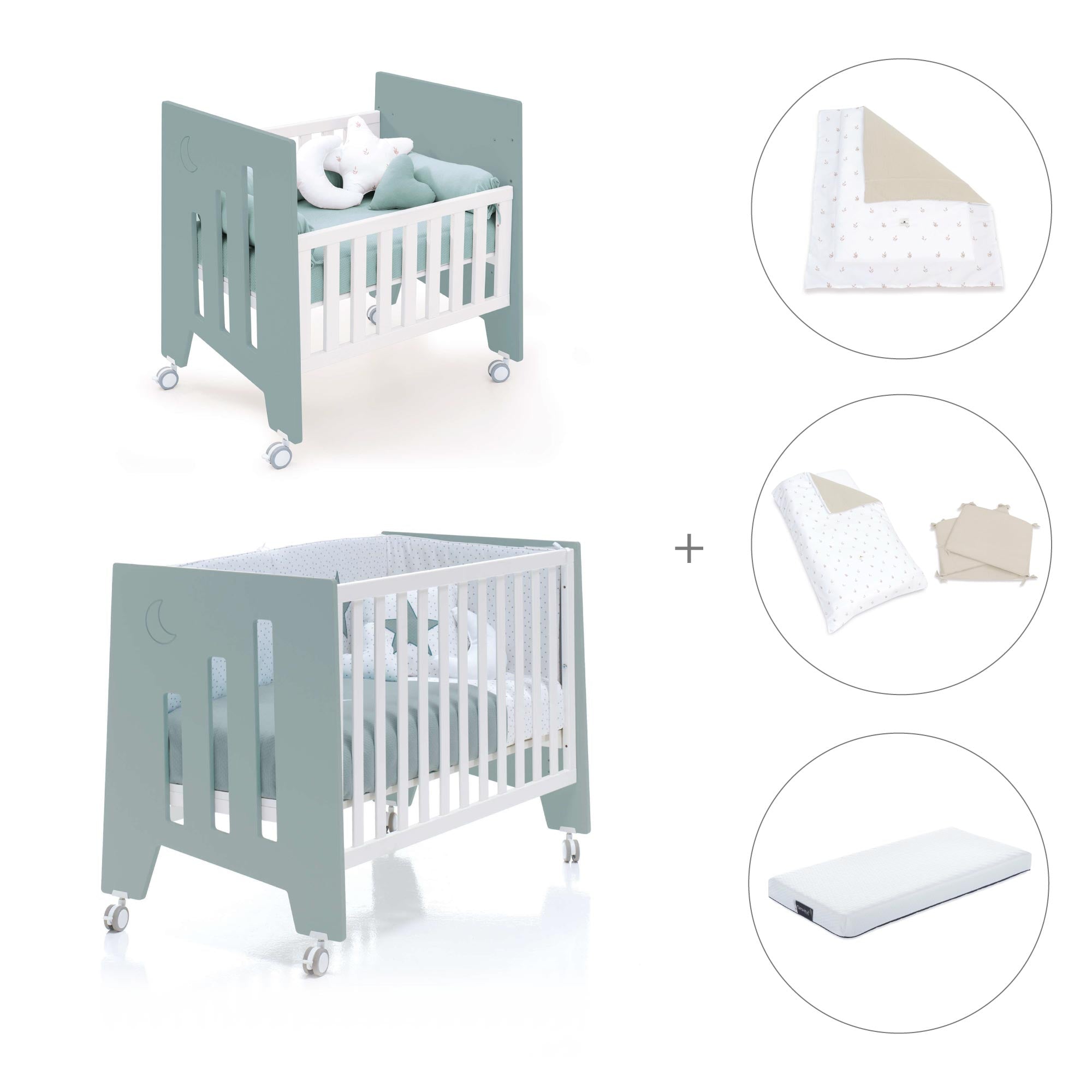 Minicuna 60x80 cm y cuna 60x120 cm (7en1) verde eucalipto · Omni Tre Eucalyptus C181T-M7757