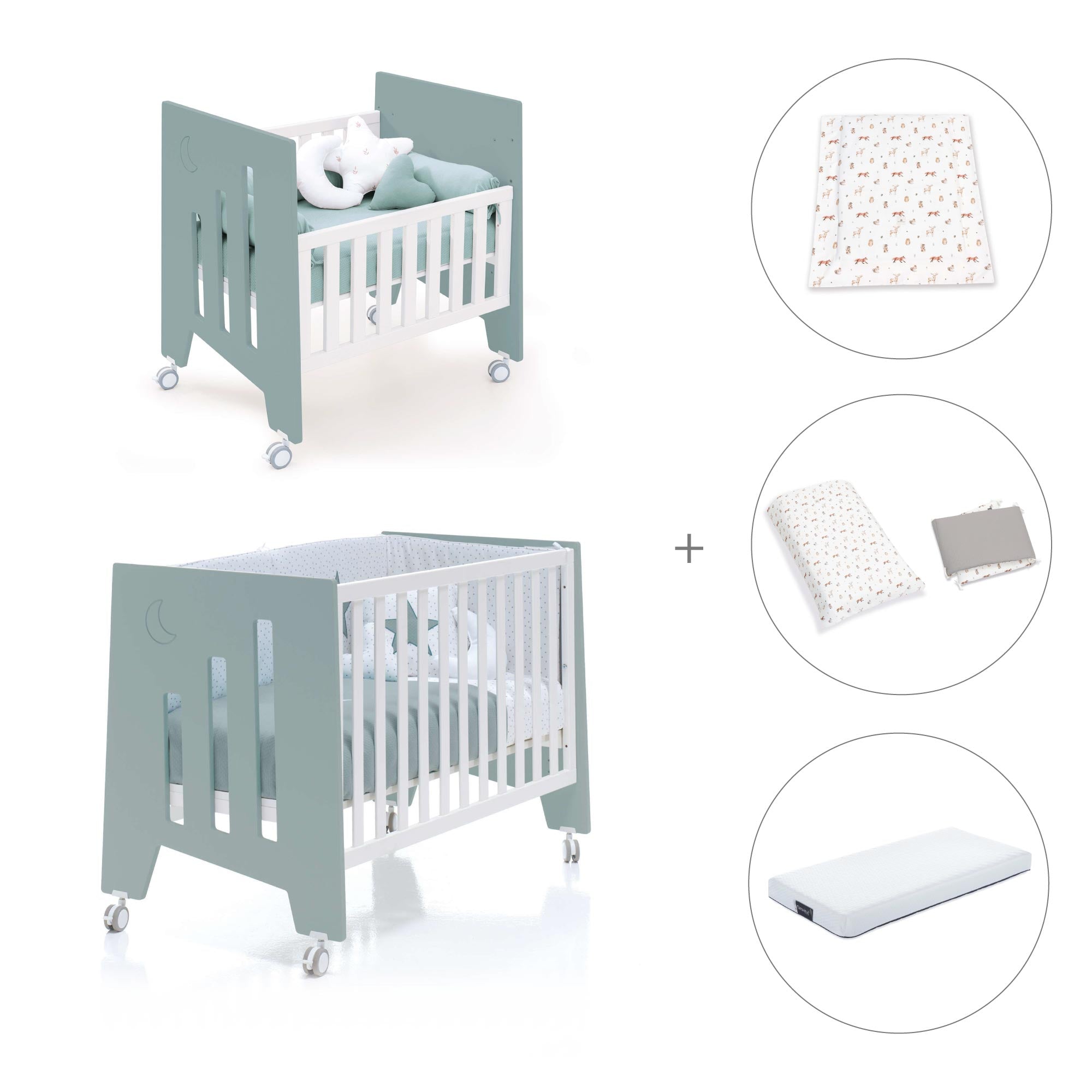 Minicuna 60x80 cm y cuna 60x120 cm (7en1) verde eucalipto · Omni Tre Eucalyptus C181T-M7757